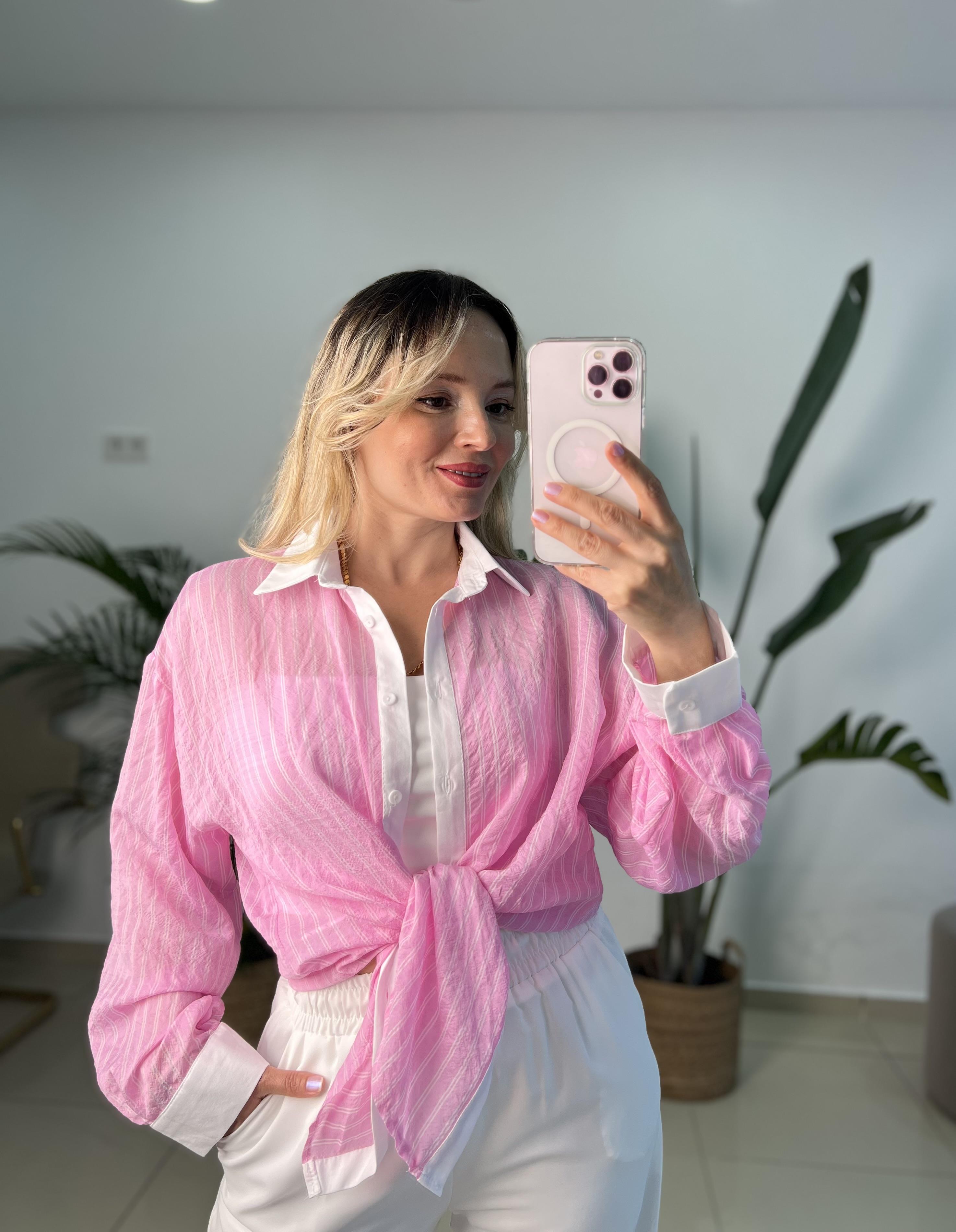 Beyaz Yakalı Çizgili Pembe Gömlek