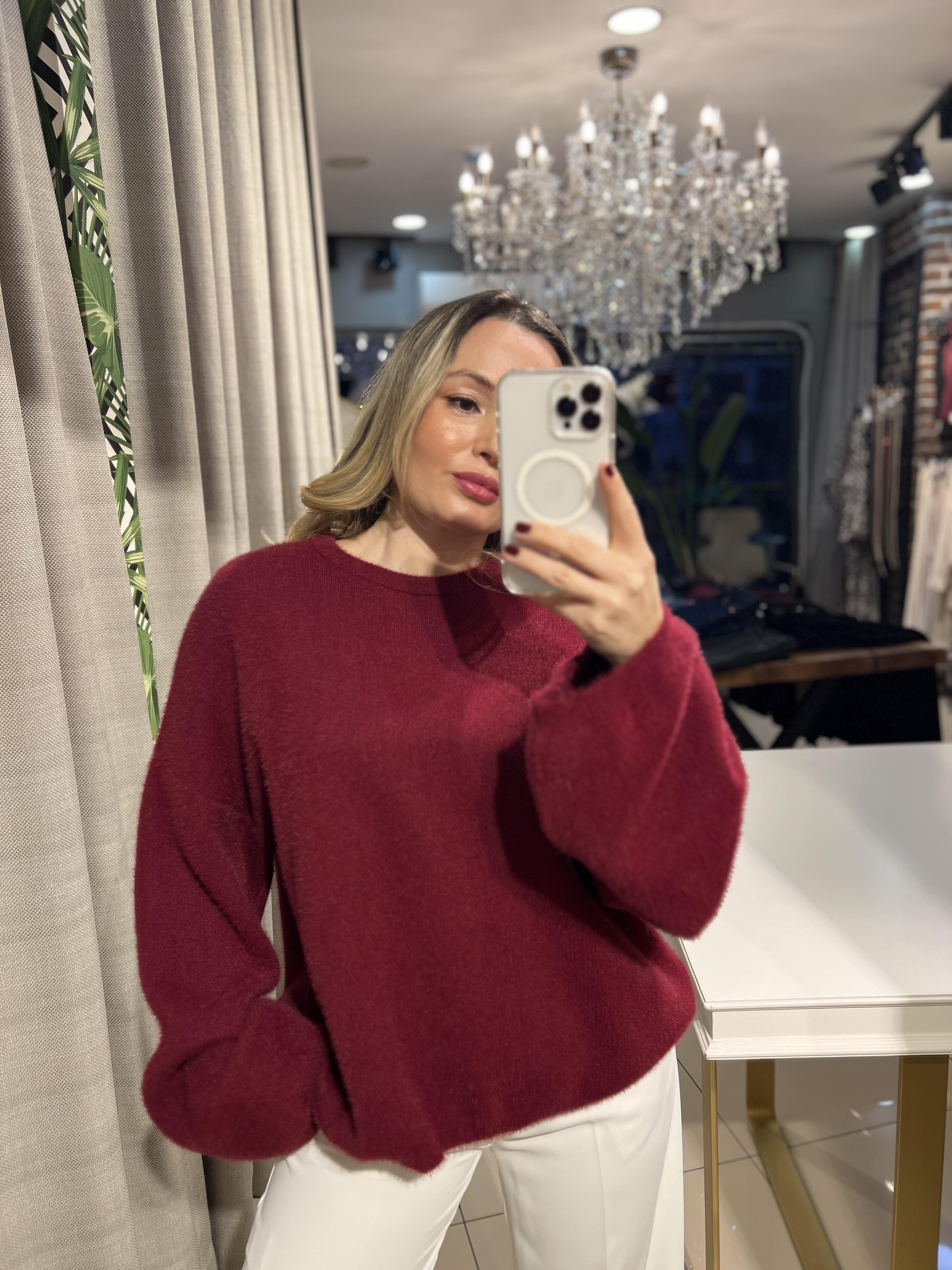 Bisiklet Yaka Angora Bordo Triko Kazak