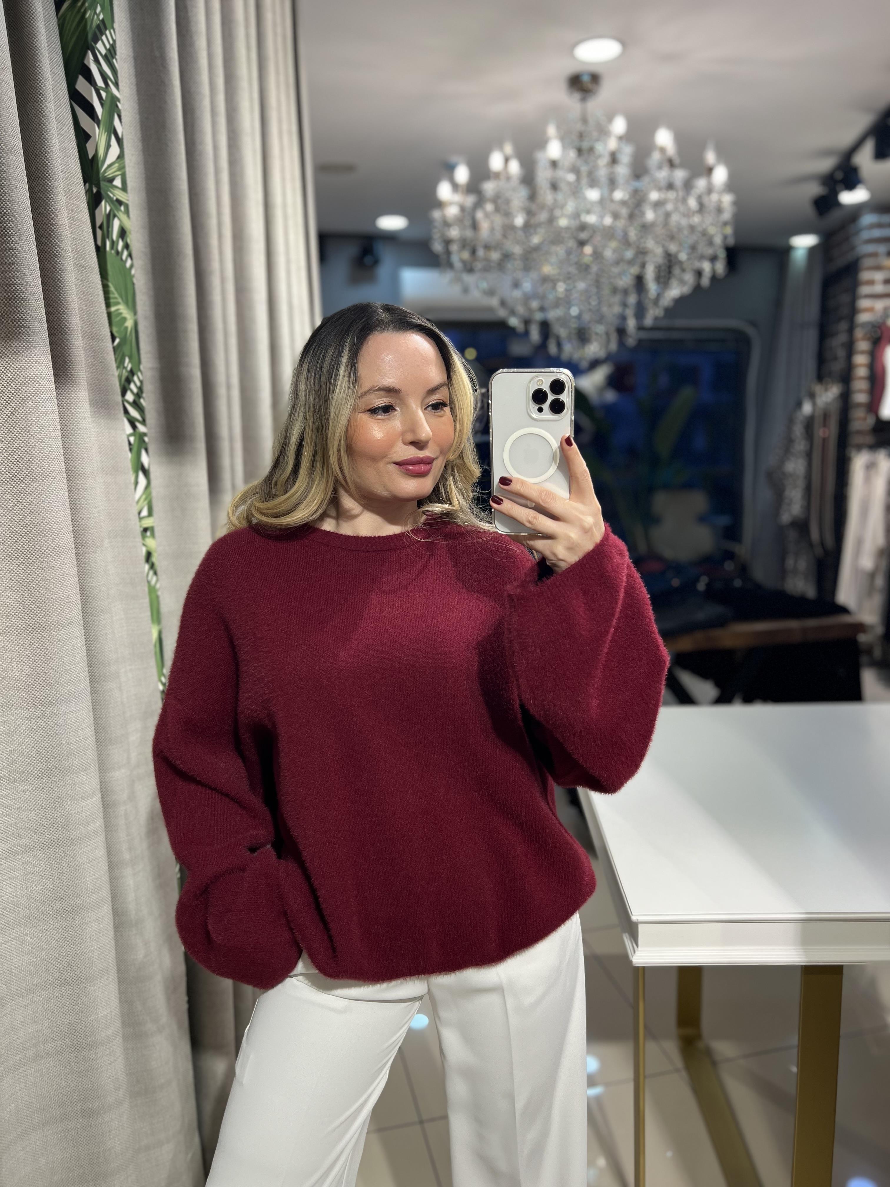 Bisiklet Yaka Angora Bordo Triko Kazak