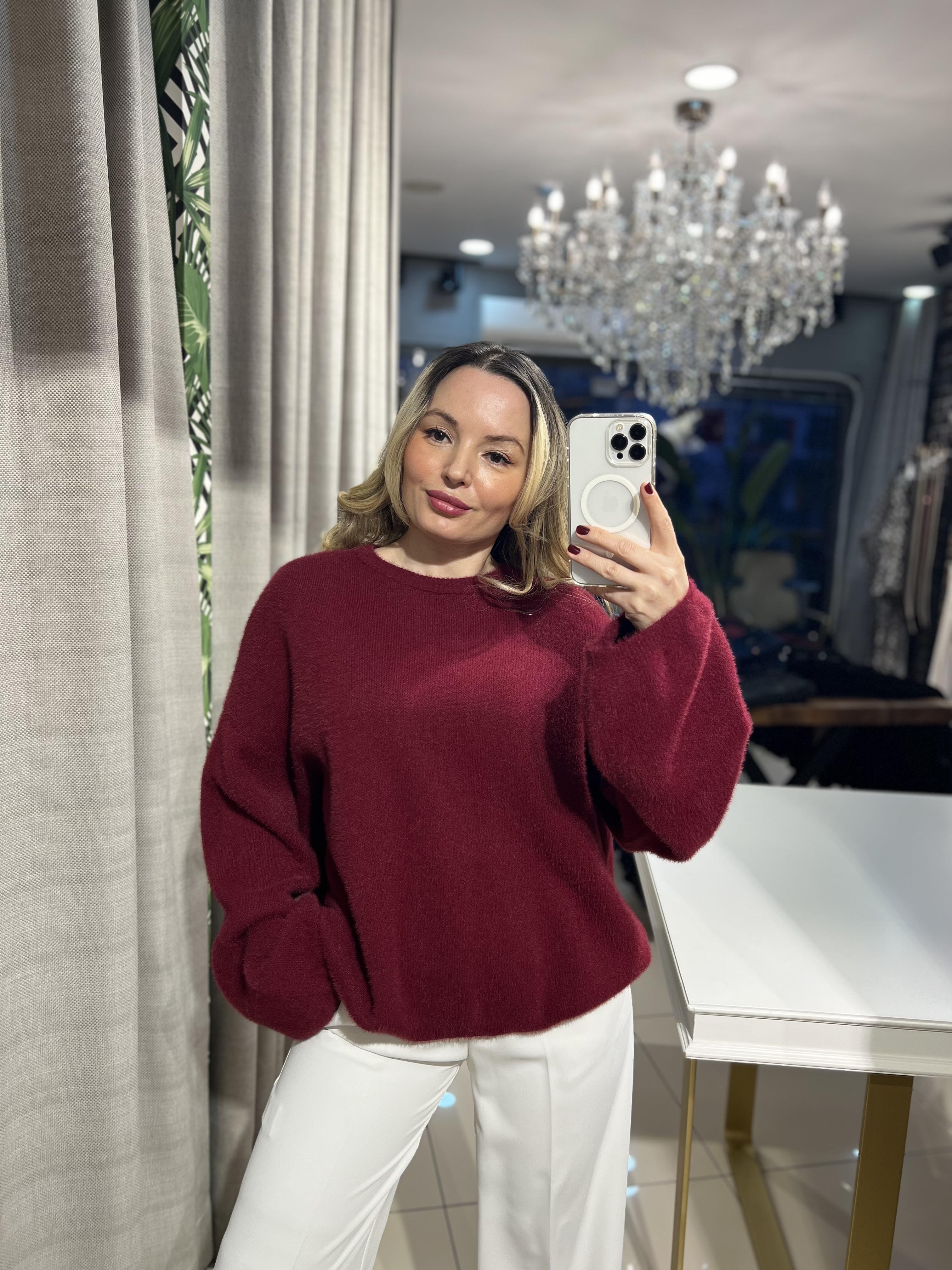 Bisiklet Yaka Angora Bordo Triko Kazak