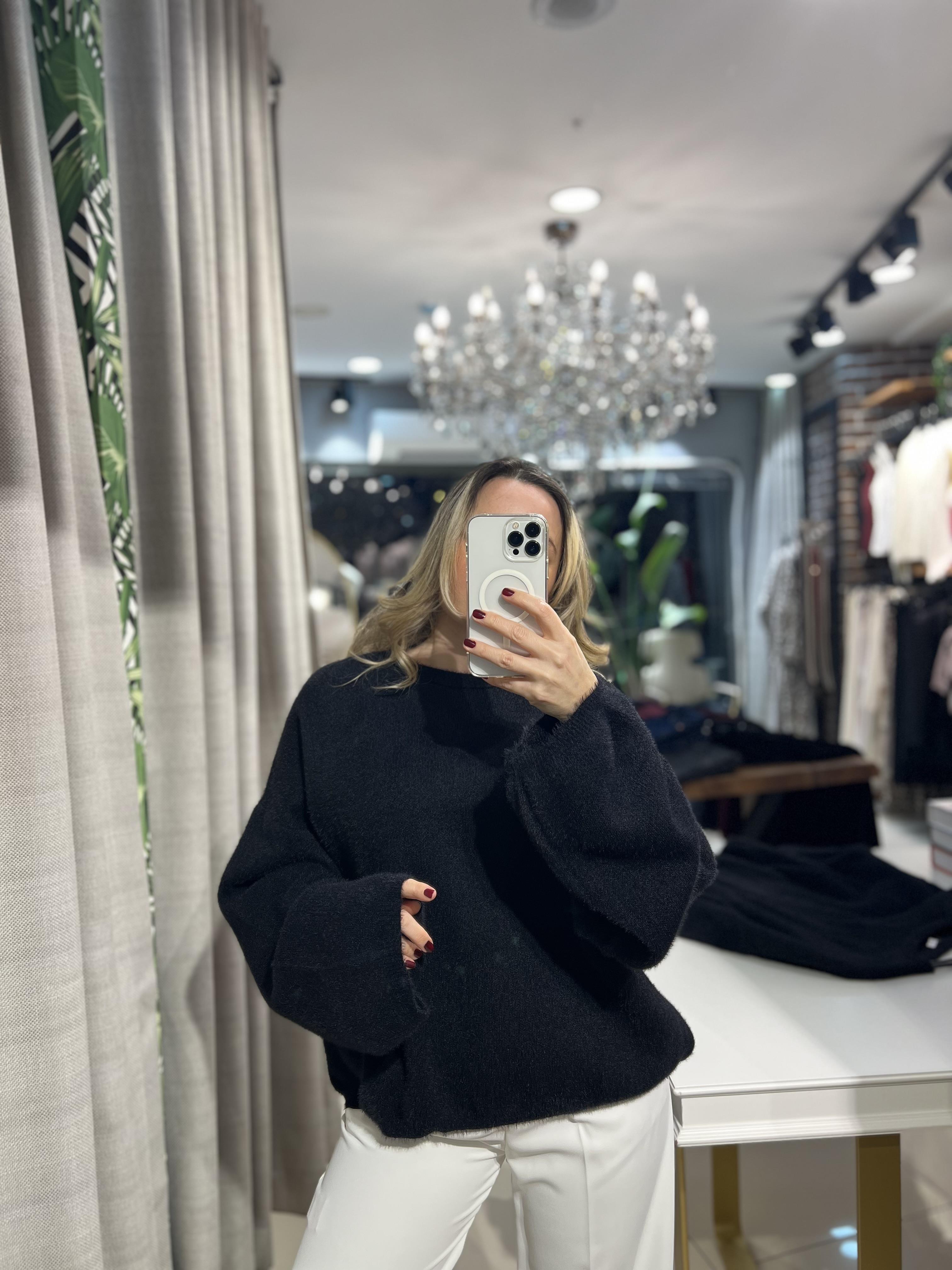 Bisiklet Yaka Angora Siyah Triko Kazak