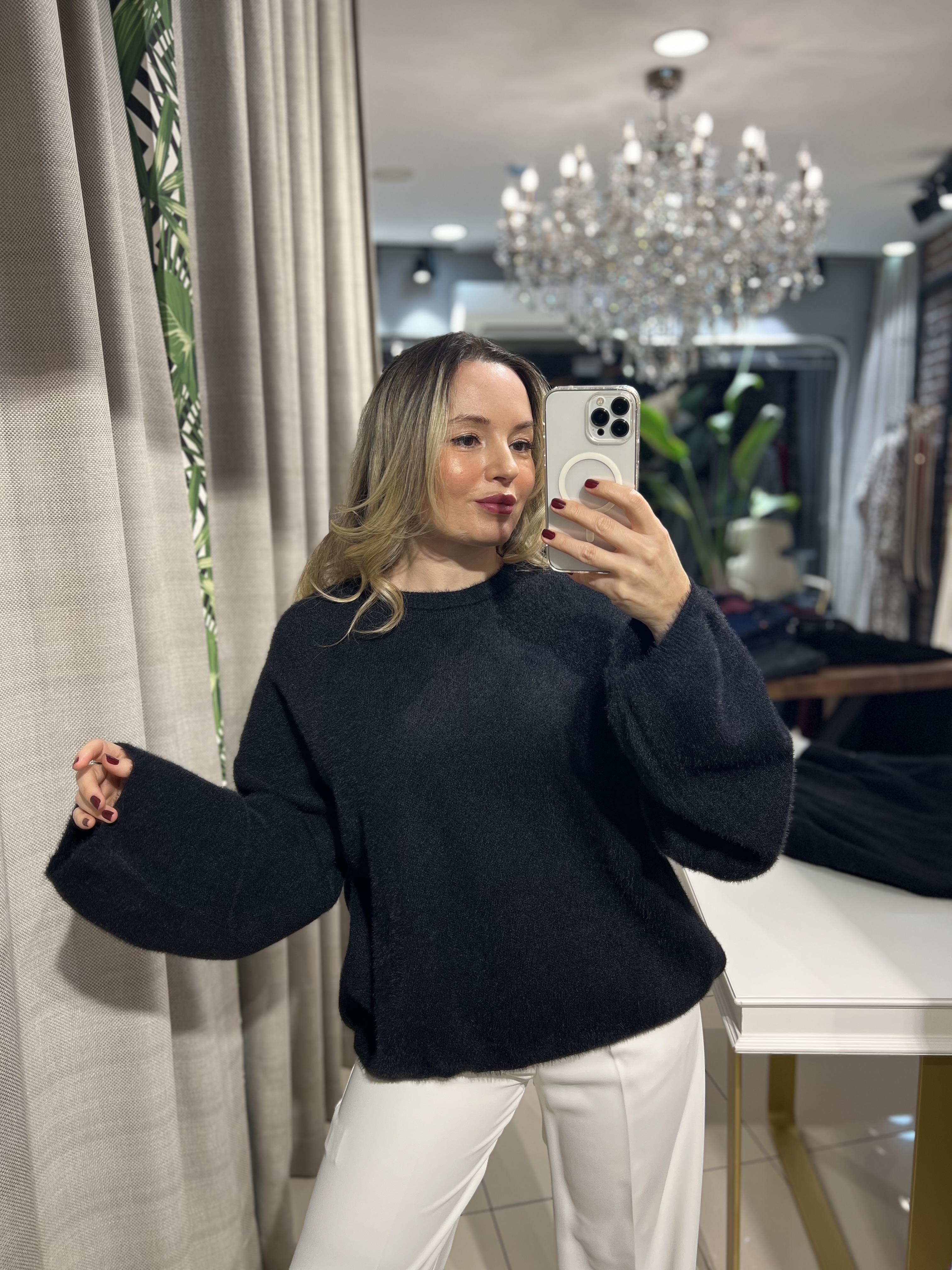 Bisiklet Yaka Angora Siyah Triko Kazak