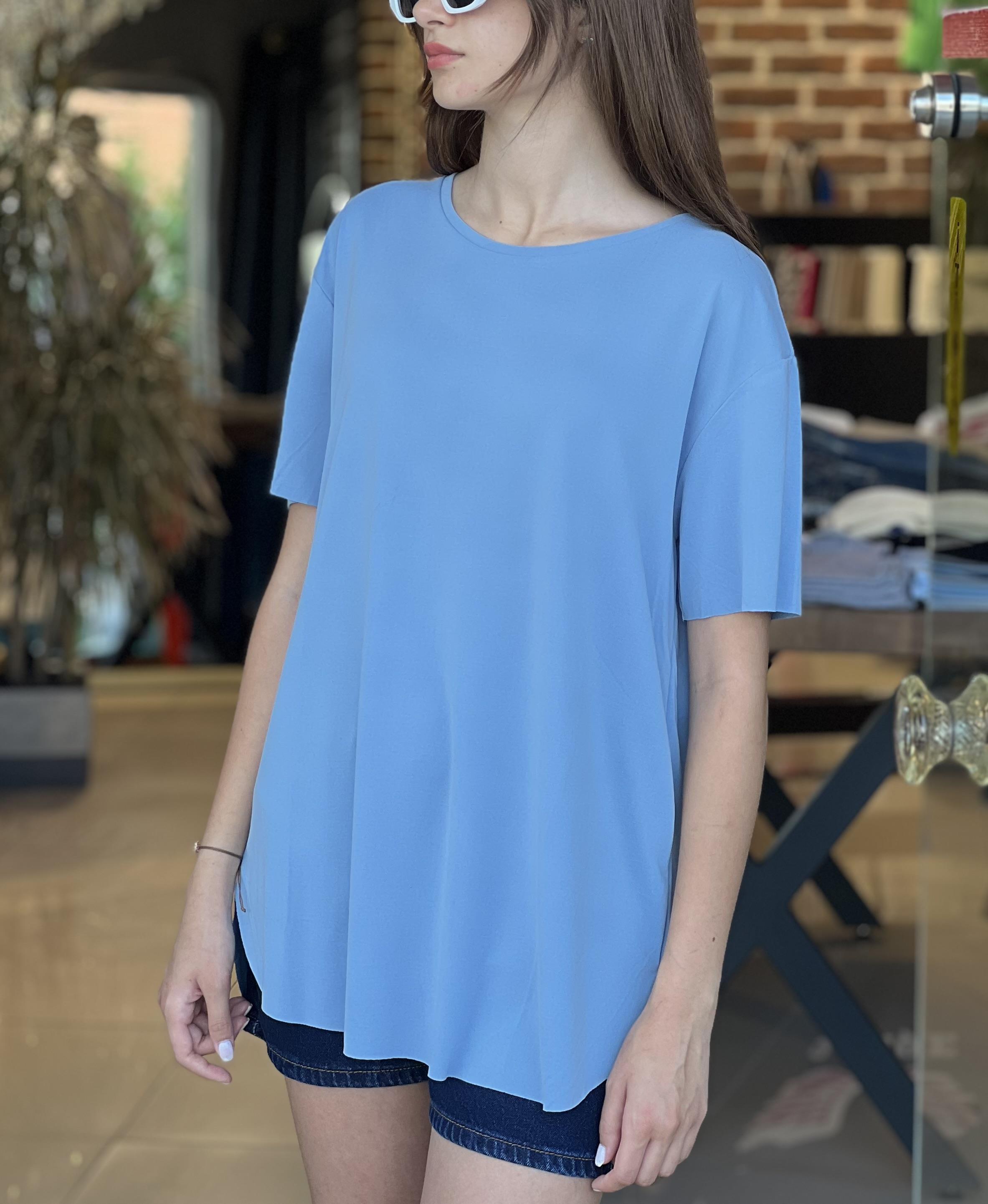 Bisiklet Yaka Modal Kumaş Mavi Tişört