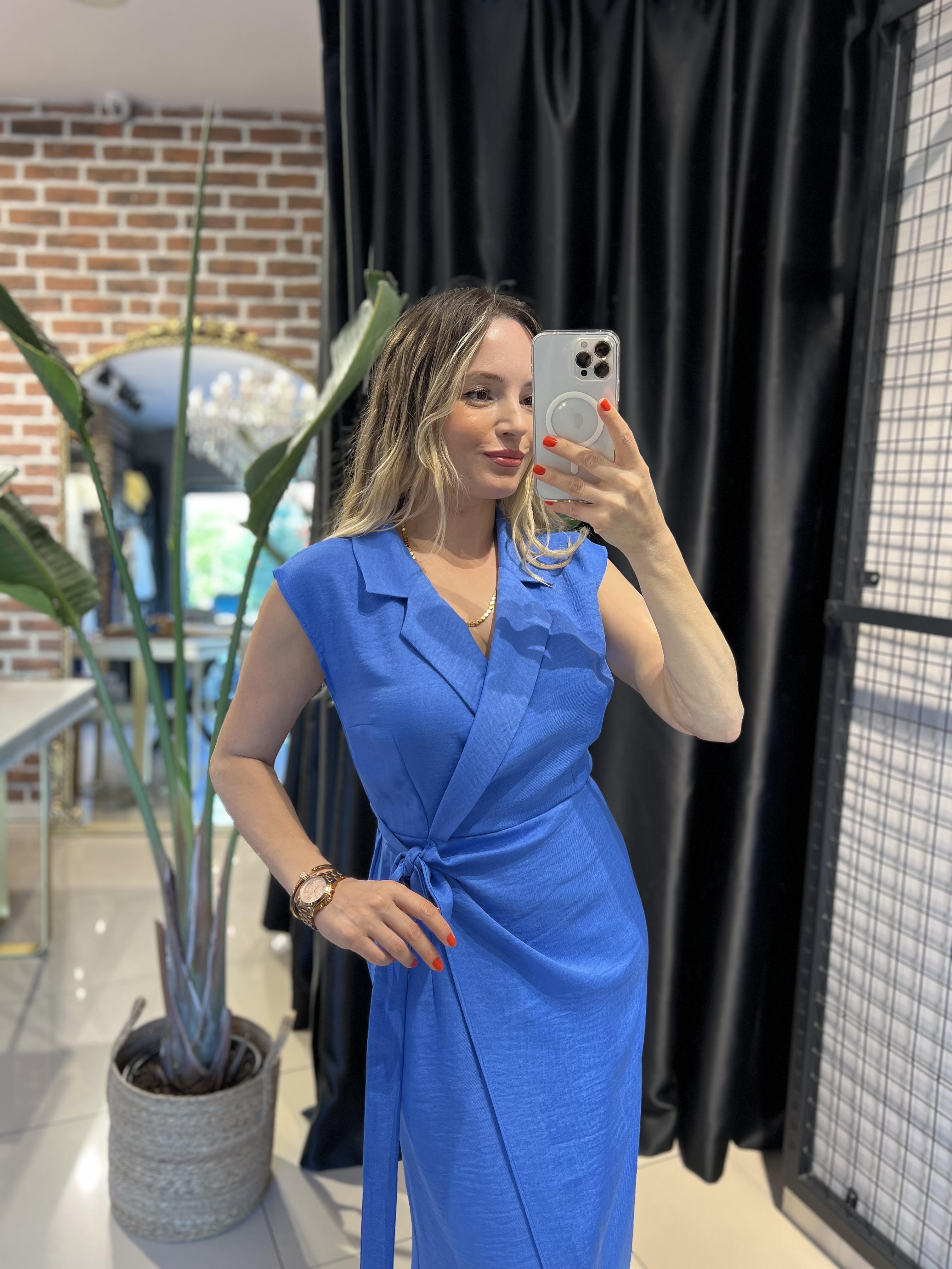 Ceket Yaka Anvelop İndigo Elbise