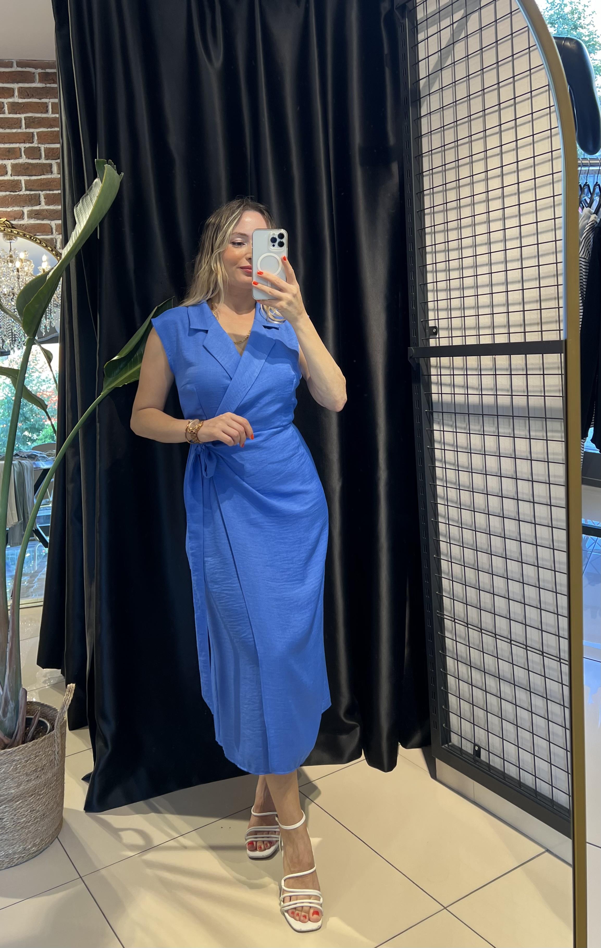 Ceket Yaka Anvelop İndigo Elbise