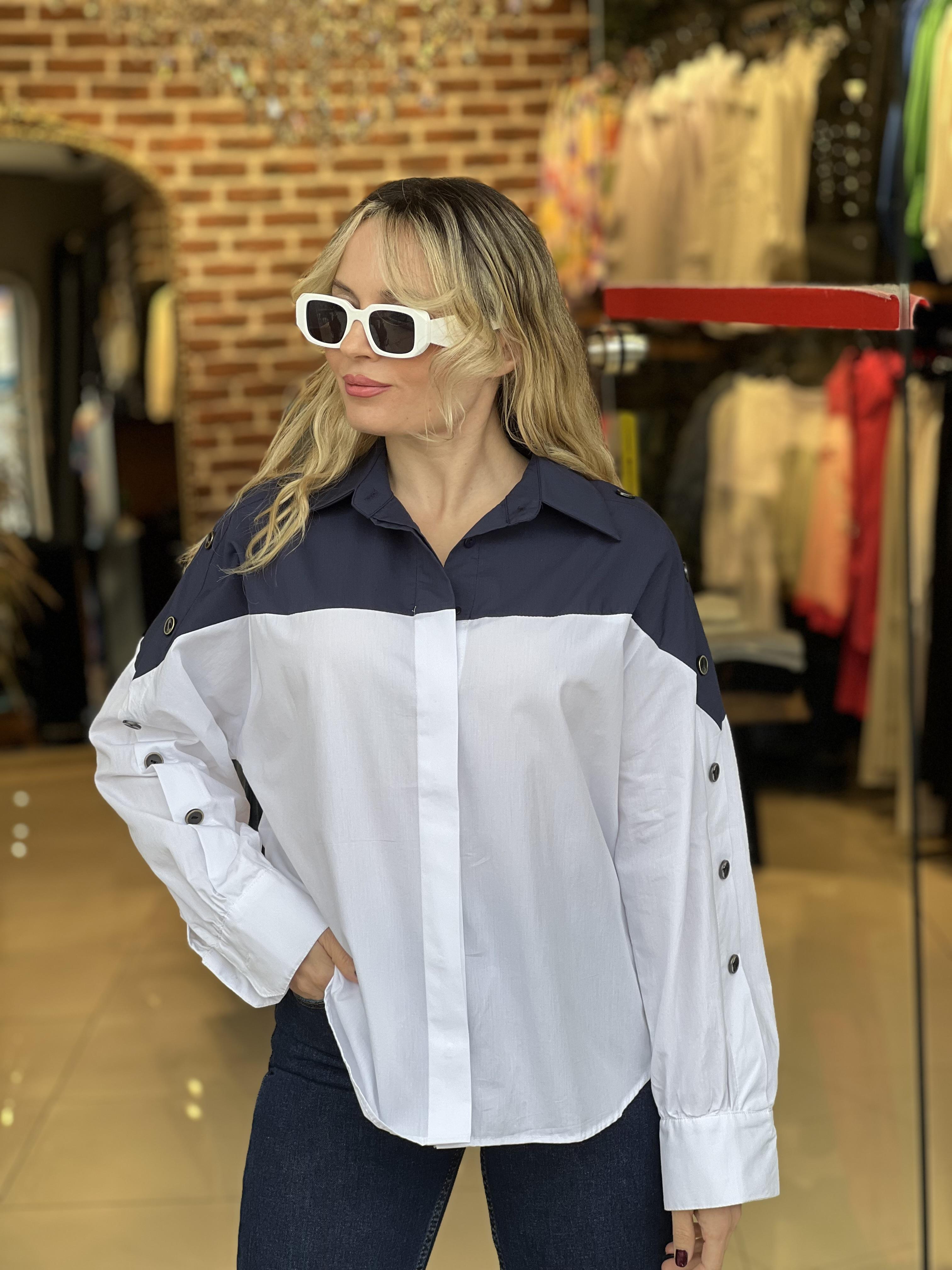Çift Renkli Kol Kısım Düğme Detaylı Poplin Gömlek