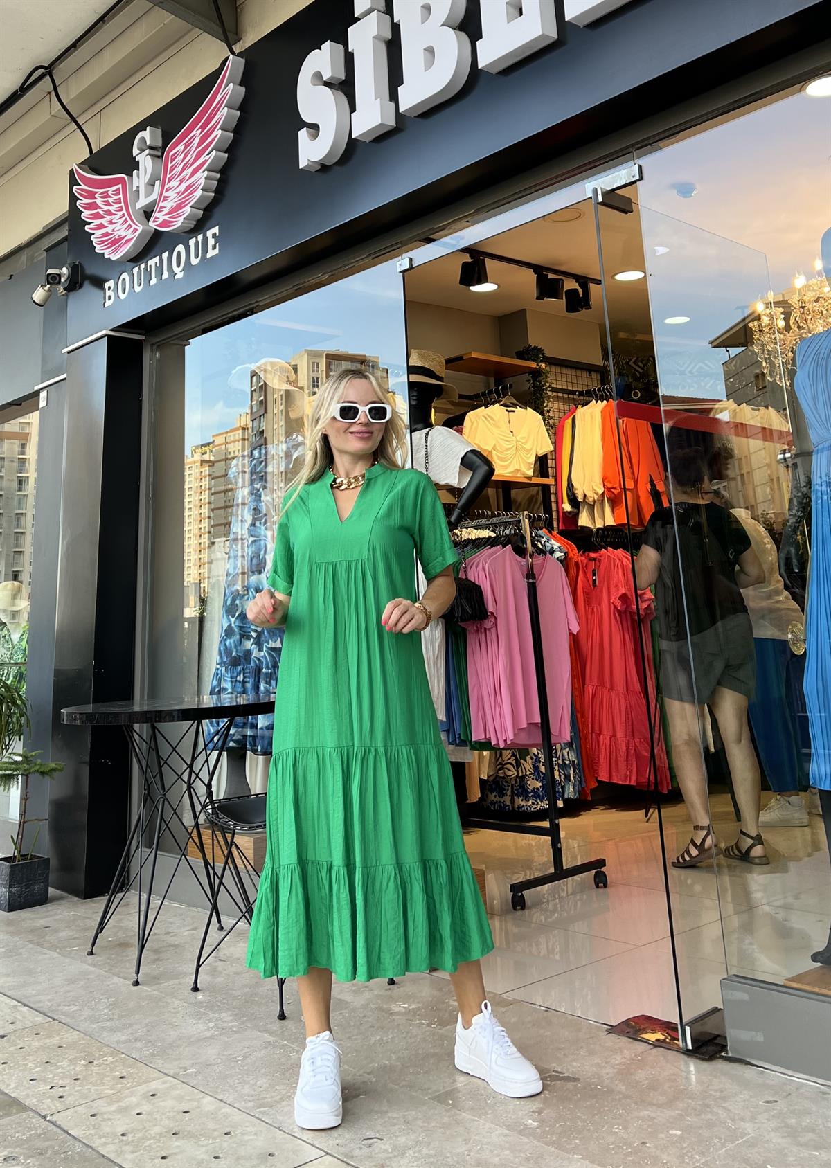 Çimen Yeşili Krinkıl İpek Keten Elbise