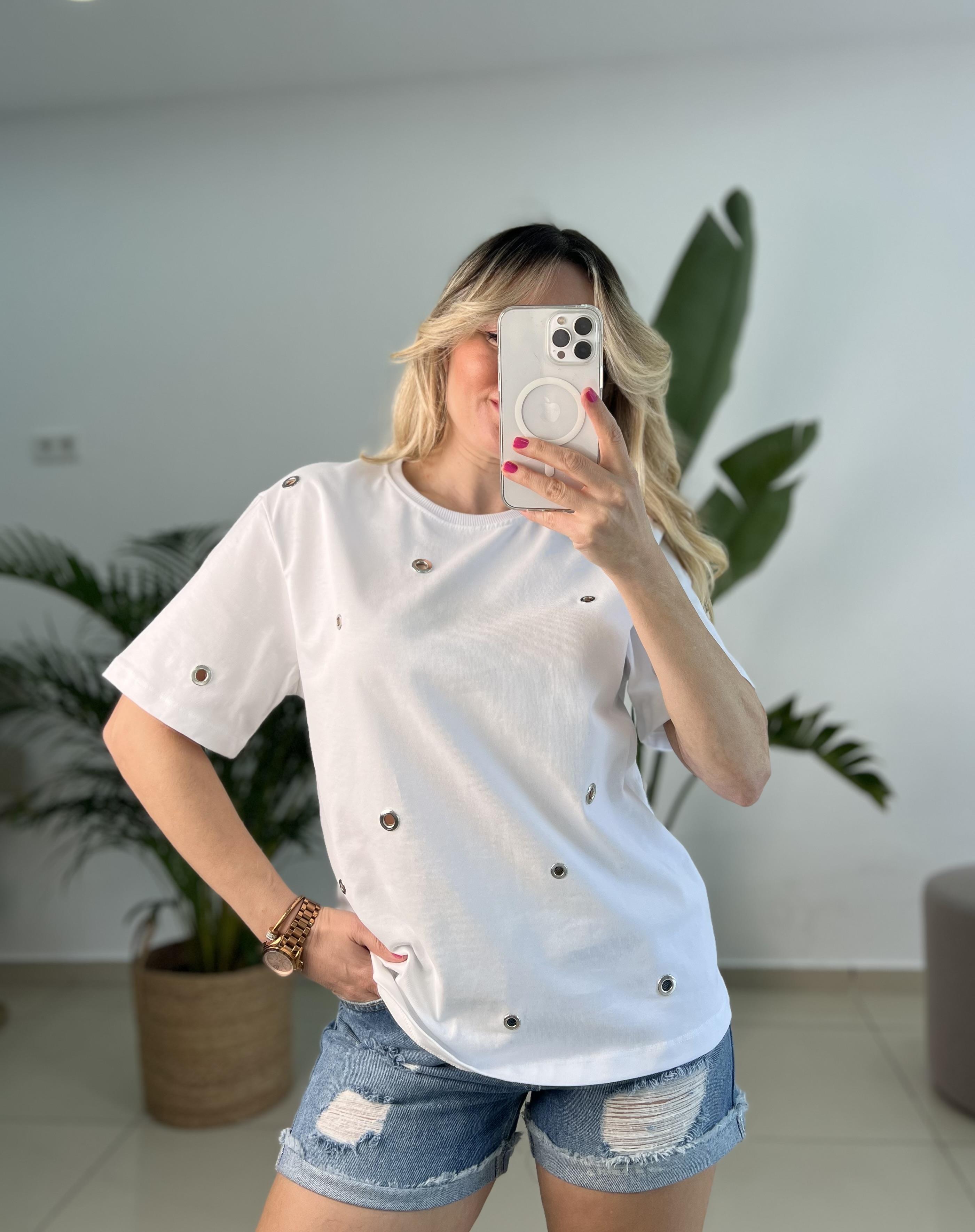 Dilvin Kuşgözü Detaylı Tok Dokuda Beyaz Tişört