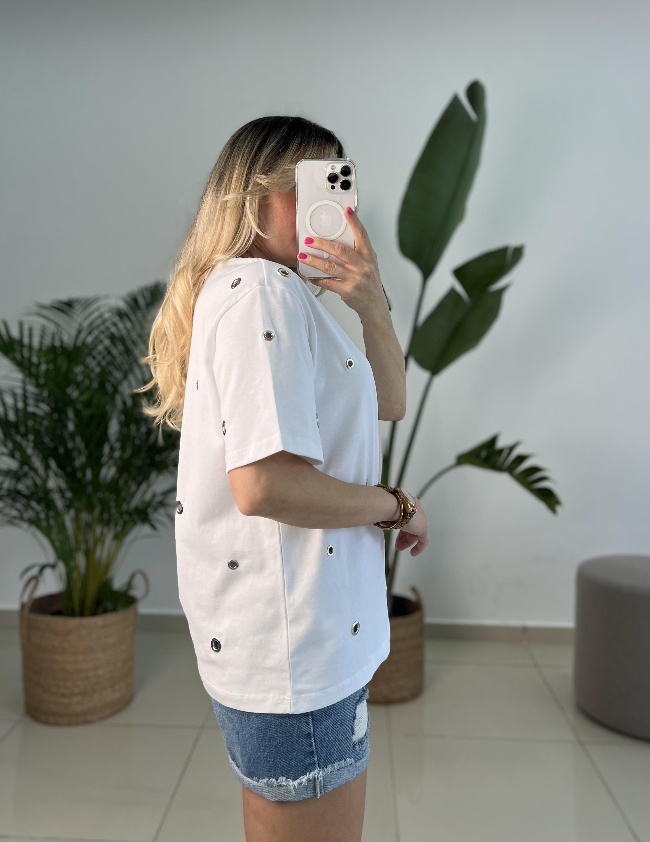 Dilvin Kuşgözü Detaylı Tok Dokuda Beyaz Tişört