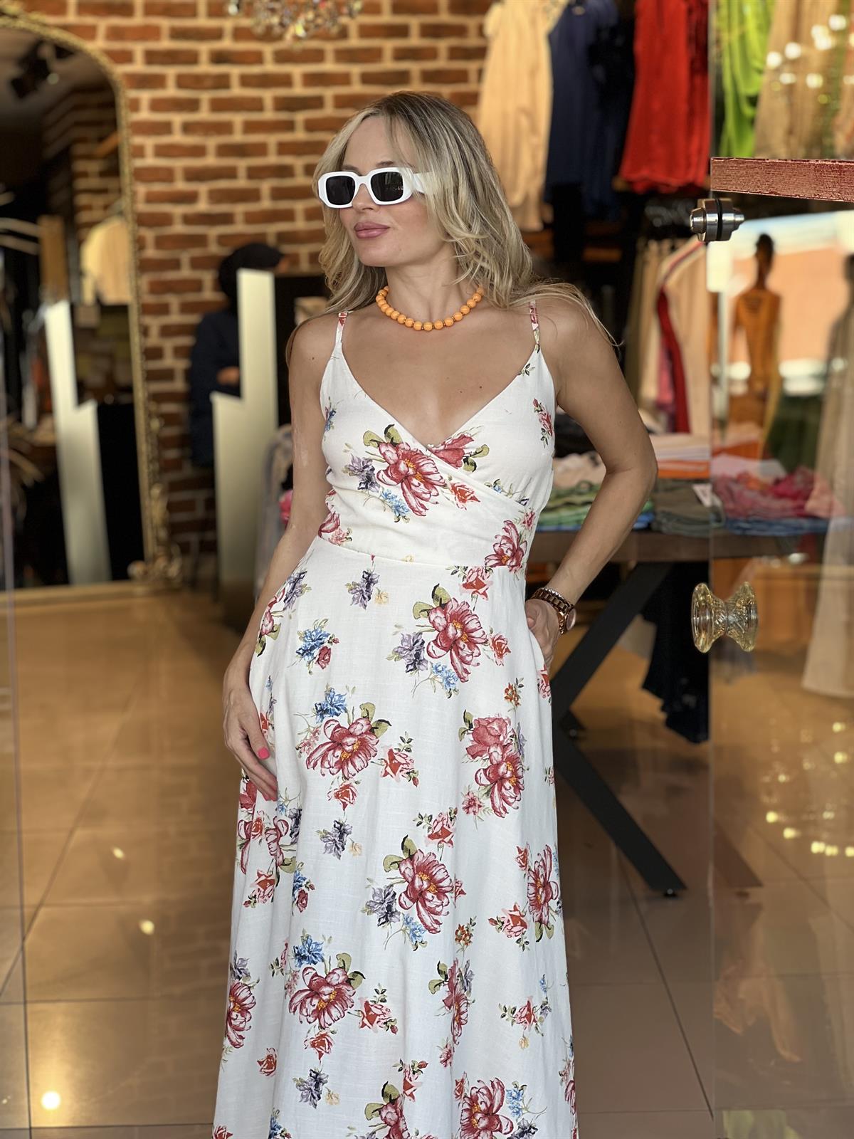 Ekru Çiçek Desenli Keten Elbise