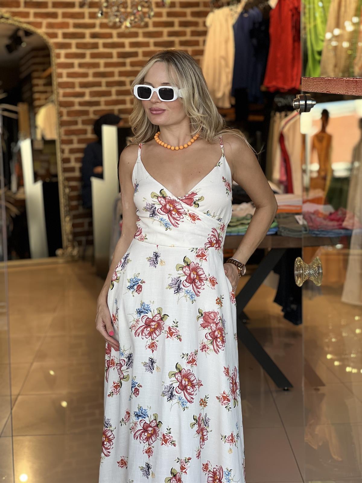 Ekru Çiçek Desenli Keten Elbise