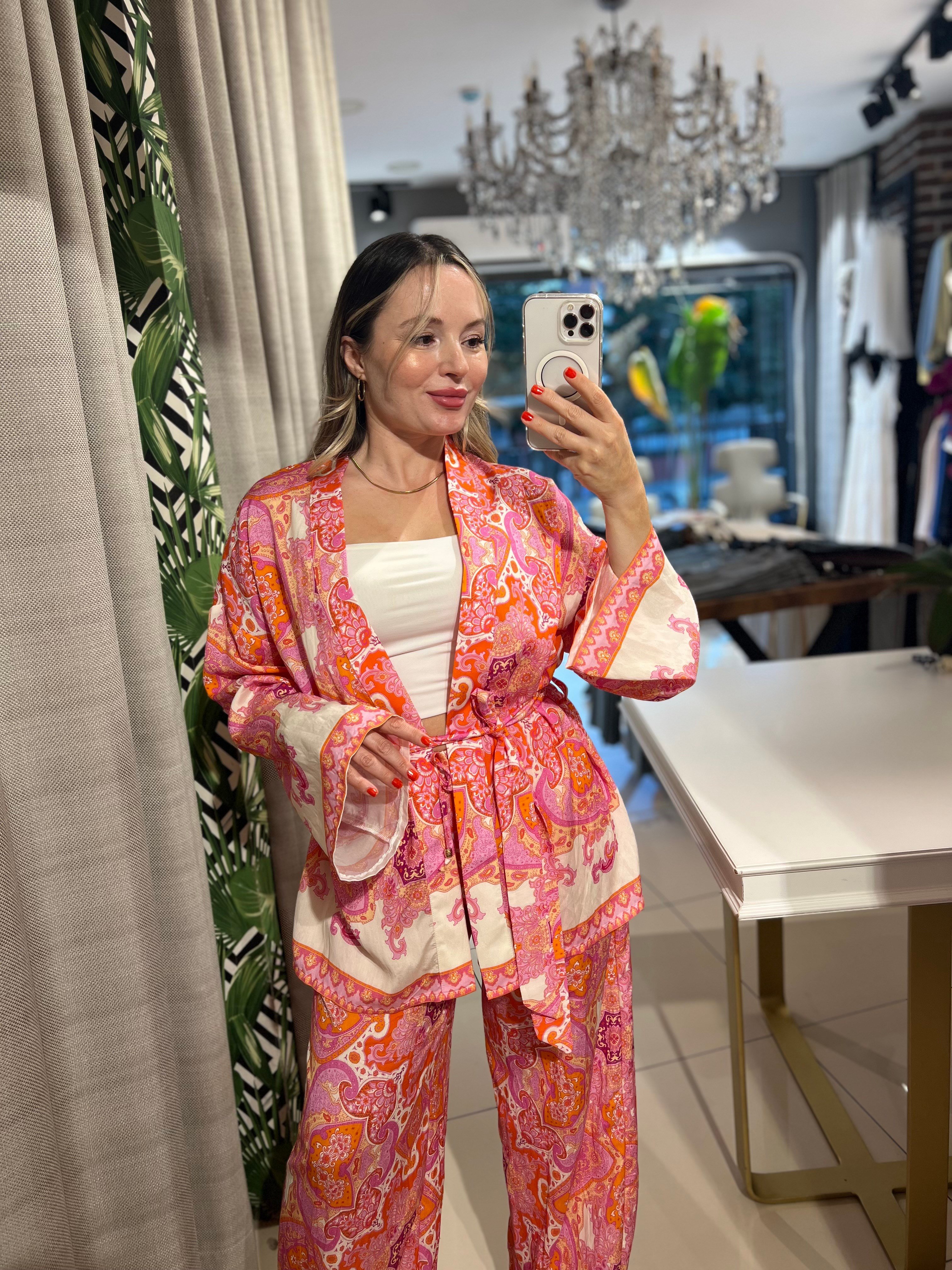 Etnik Desenli Kuşaklı Kimono Takım
