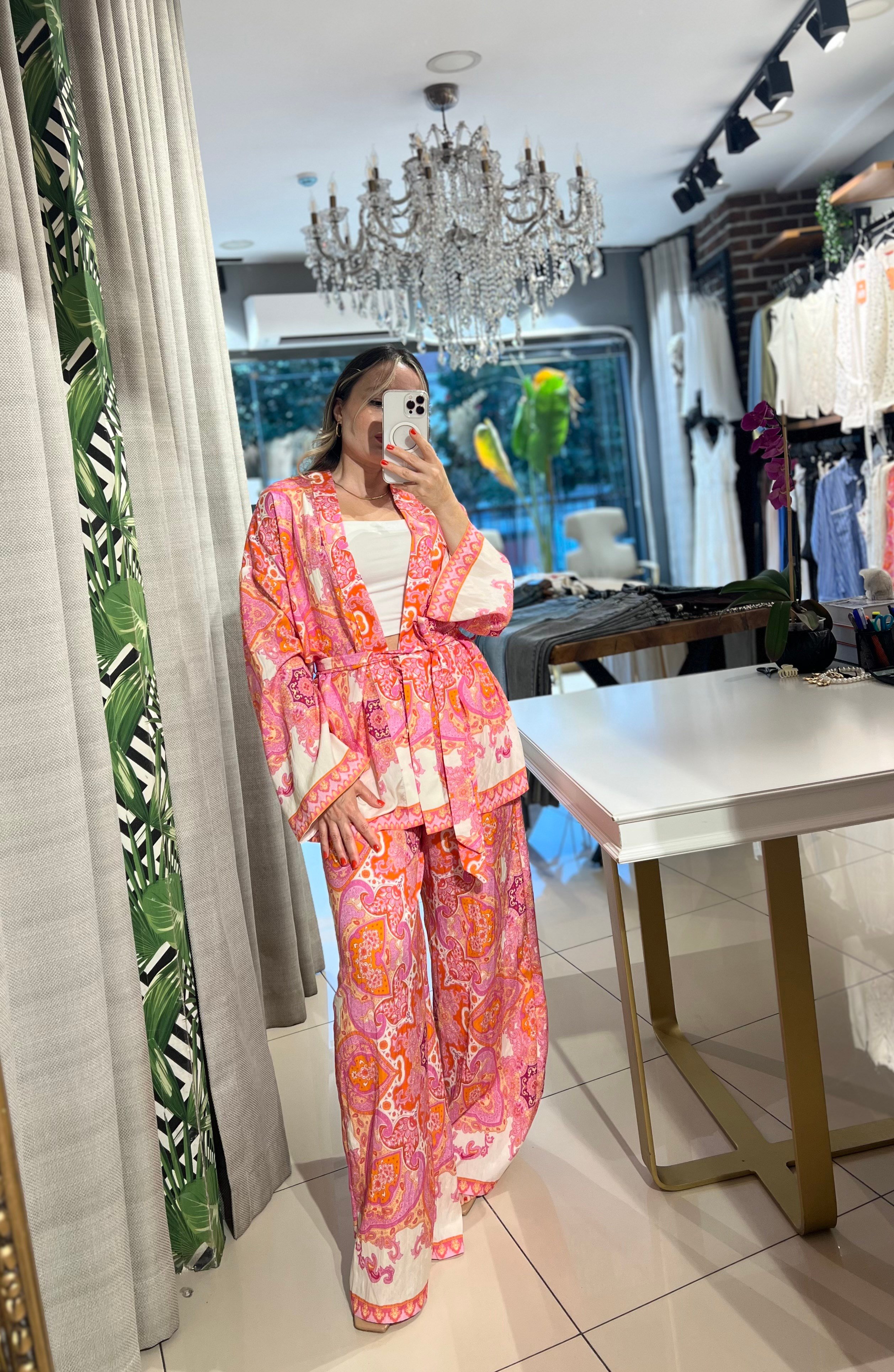 Etnik Desenli Kuşaklı Kimono Takım