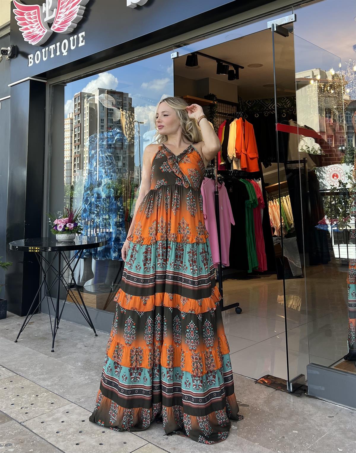 Etnik Turuncu Desenli  Elbise