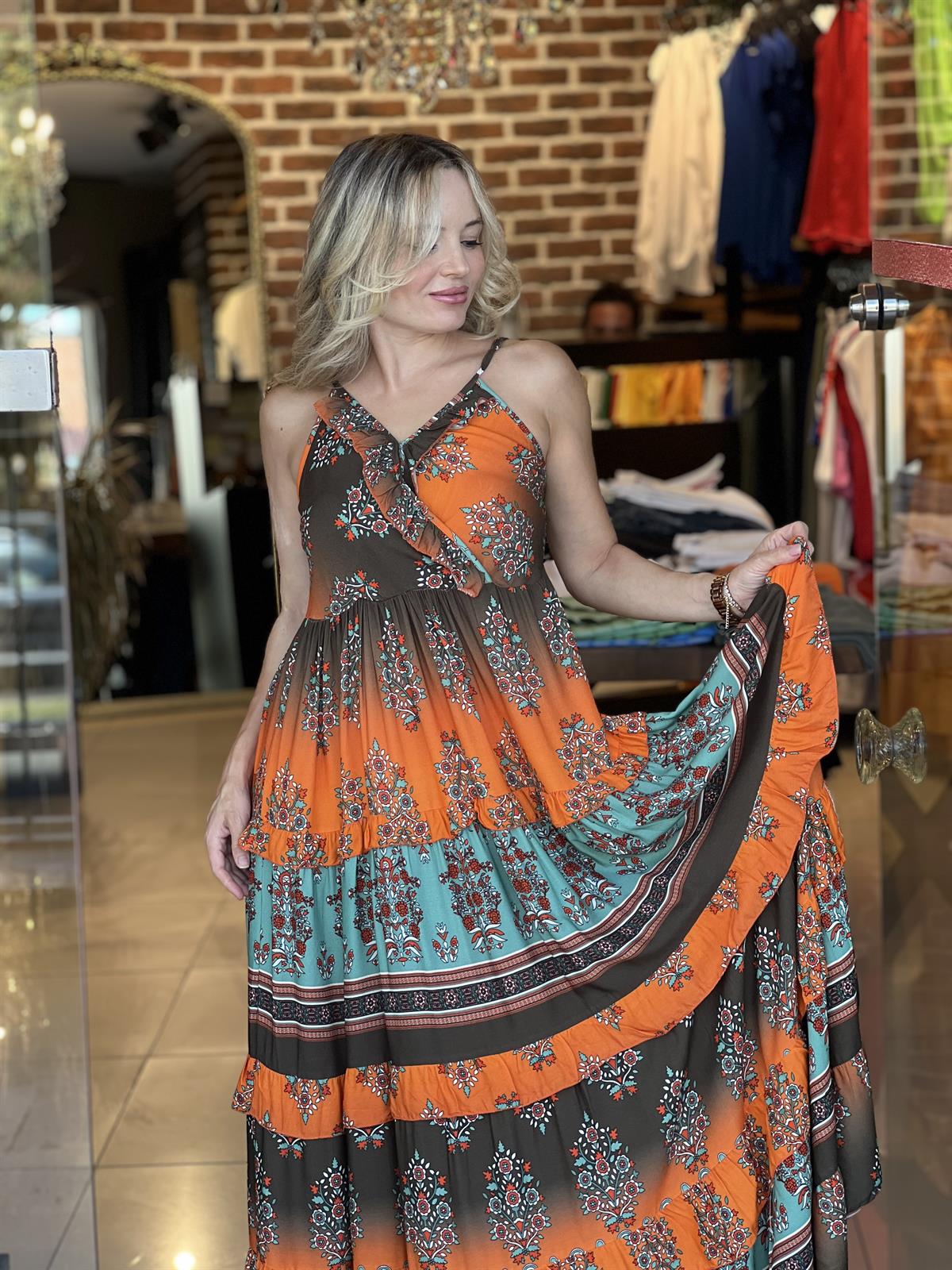 Etnik Turuncu Desenli  Elbise