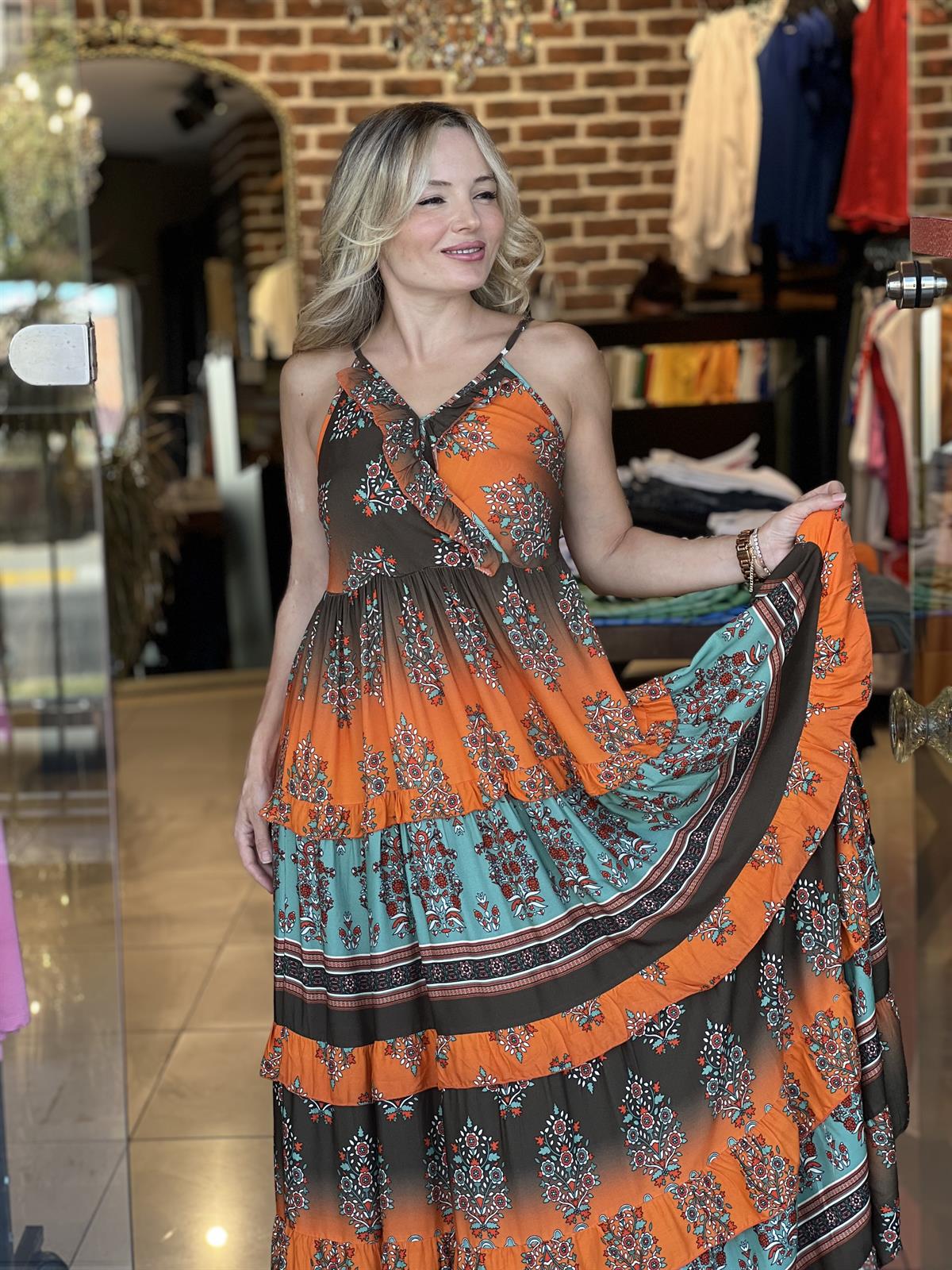 Etnik Turuncu Desenli  Elbise