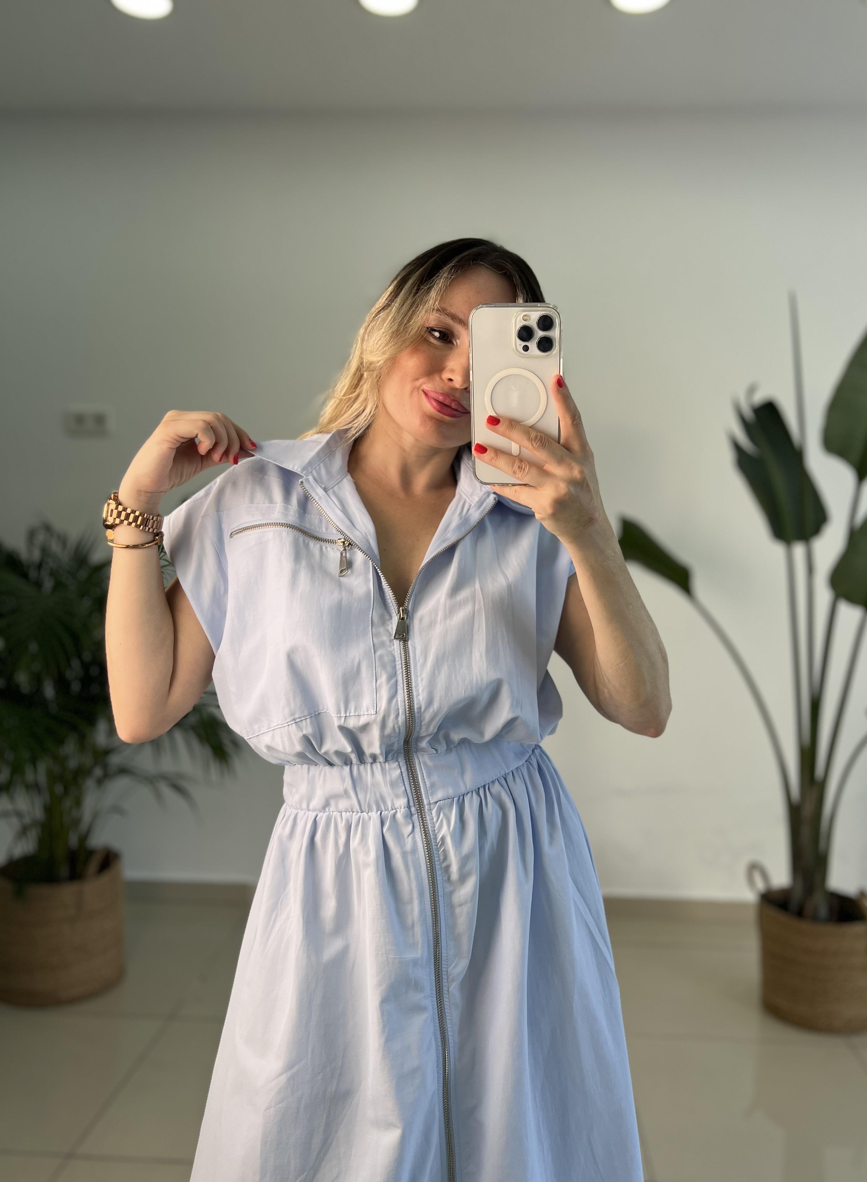 Fermuarlı Poplin Bebe Mavisi Elbise