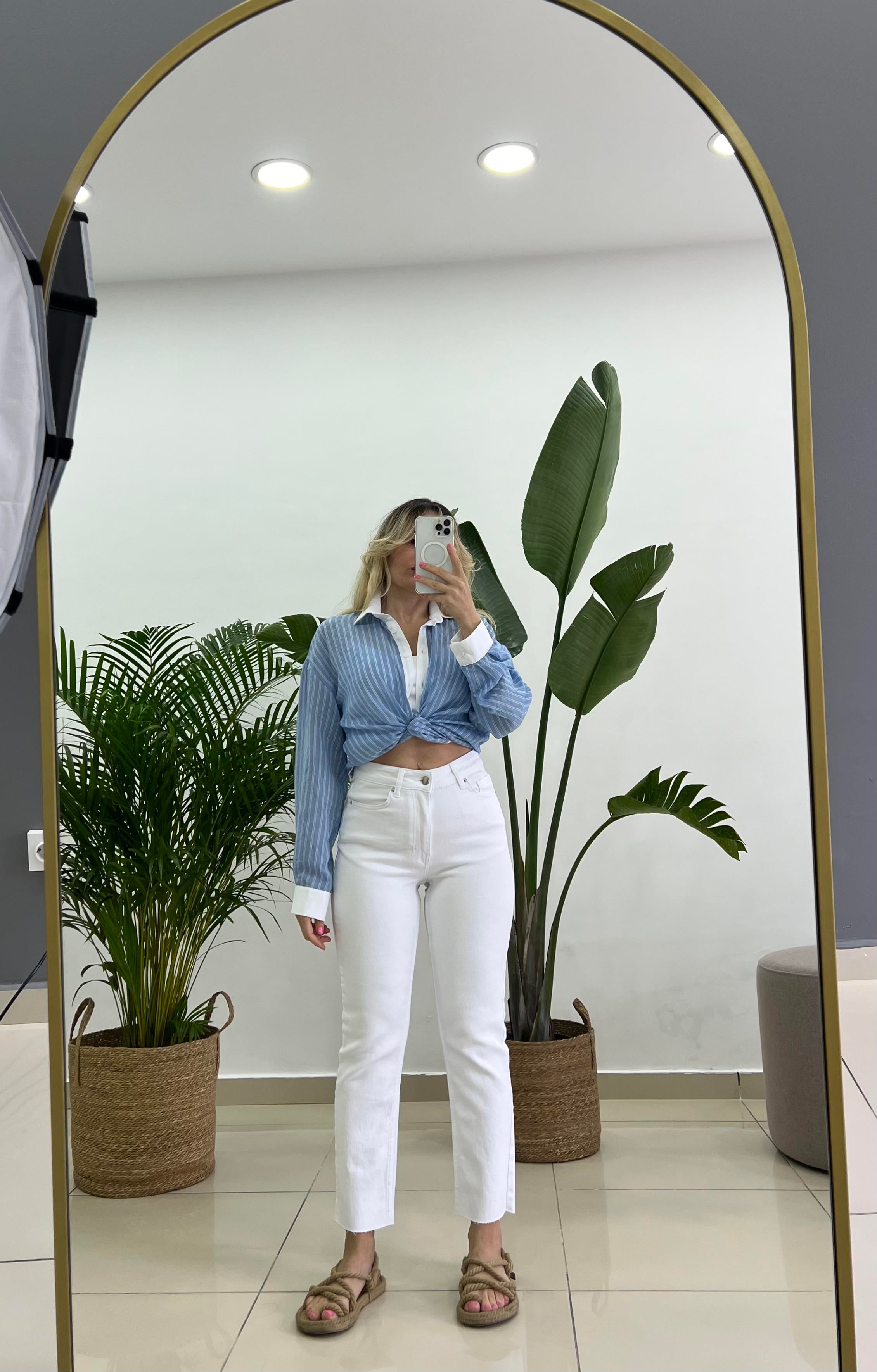 Full Likralı Beyaz Mom Fit Jean Pantolon