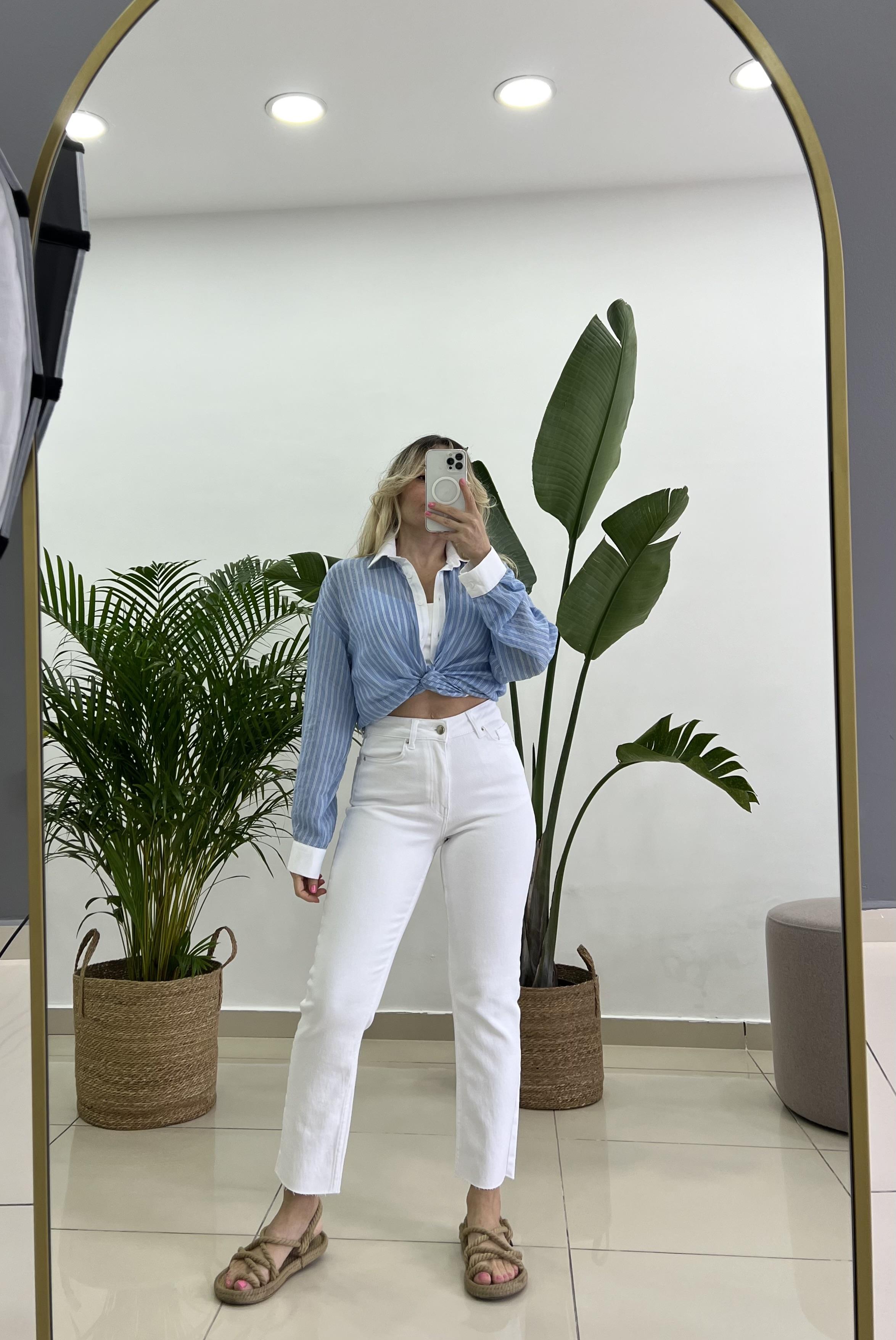 Full Likralı Beyaz Mom Fit Jean Pantolon