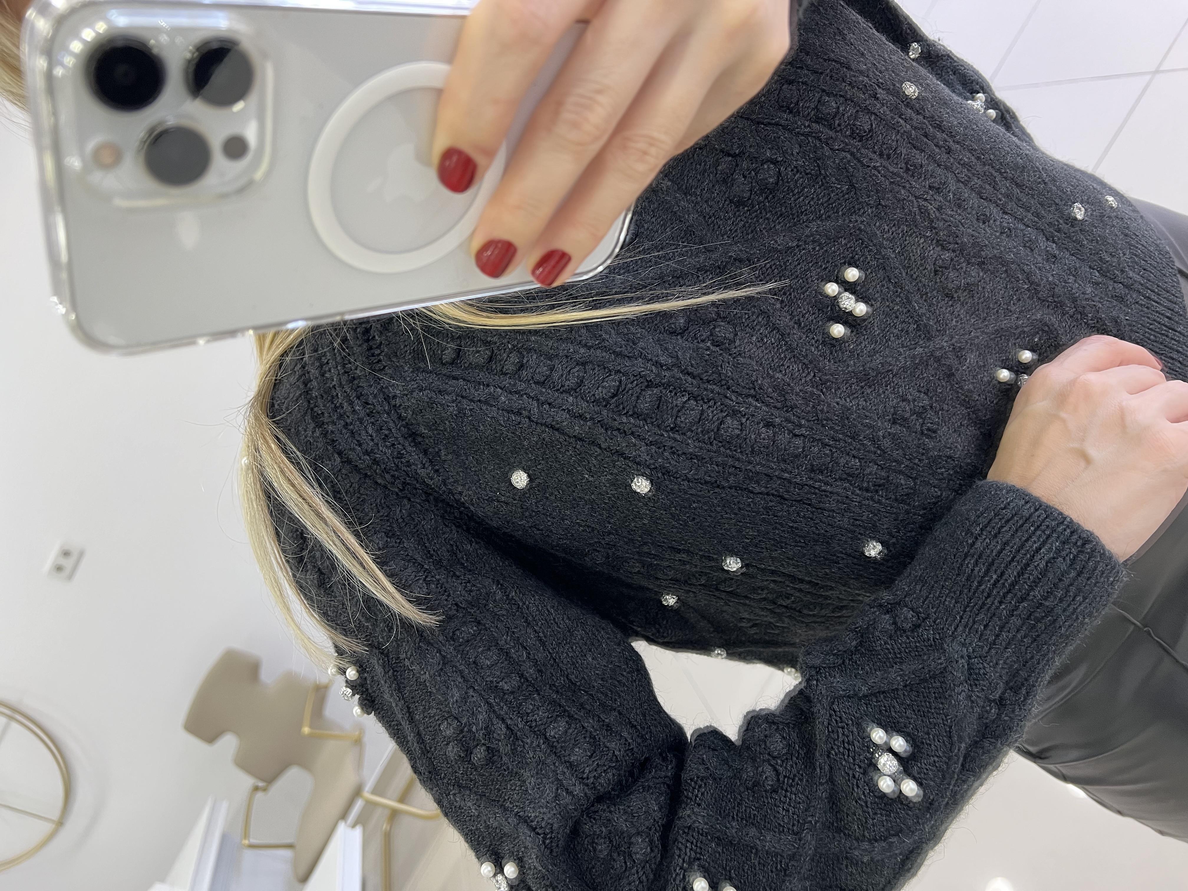 İnci ve Taş Detaylı Antrasit Gri Triko Kazak