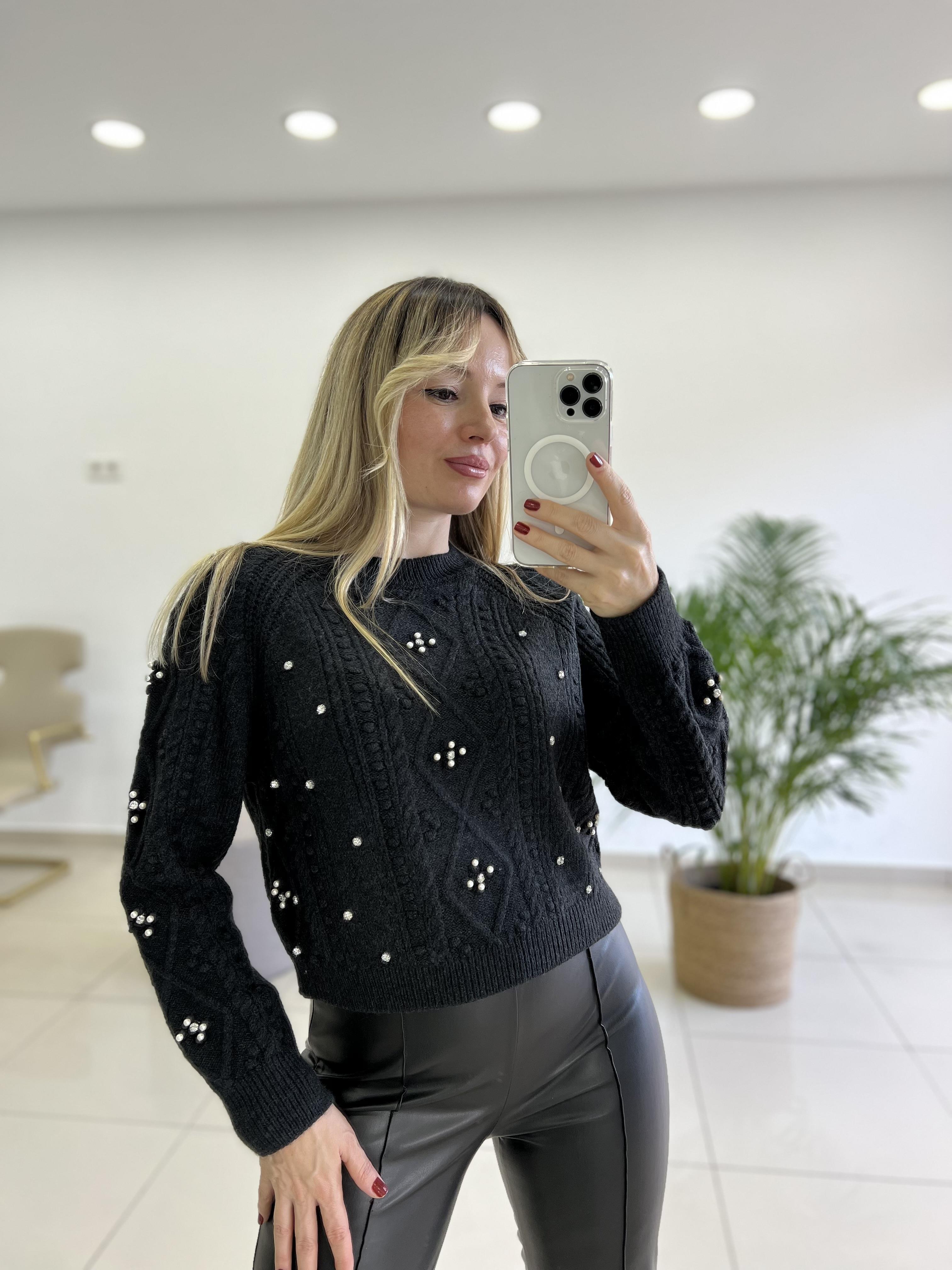 İnci ve Taş Detaylı Antrasit Gri Triko Kazak