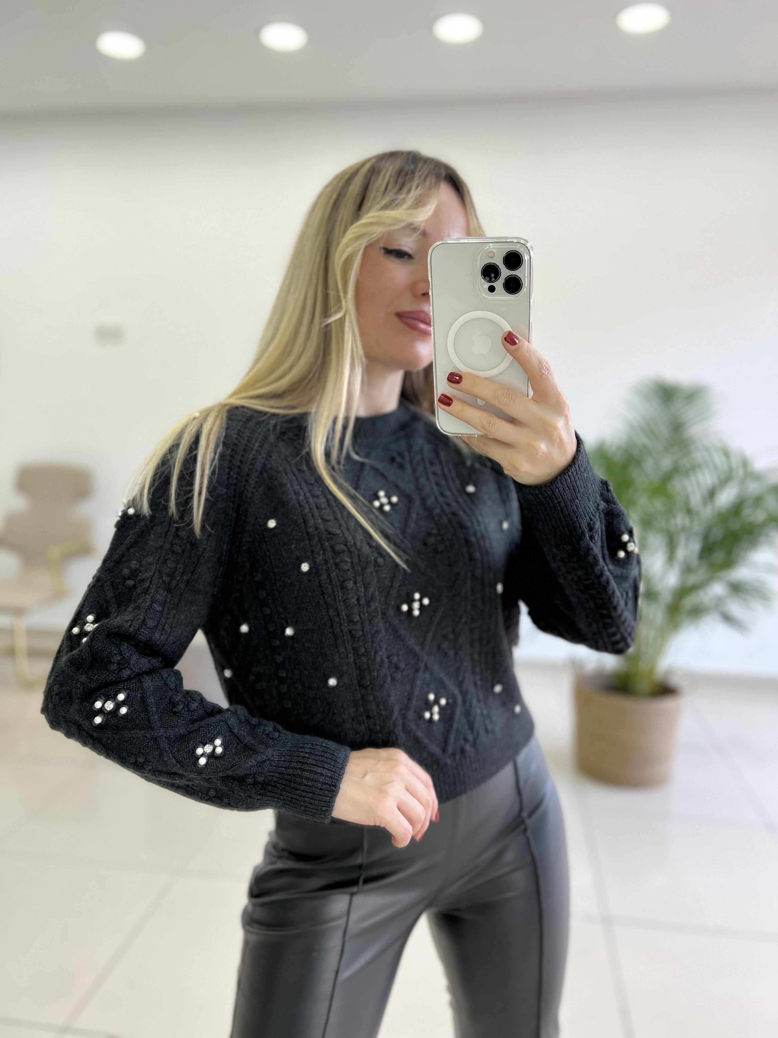 İnci ve Taş Detaylı Antrasit Gri Triko Kazak