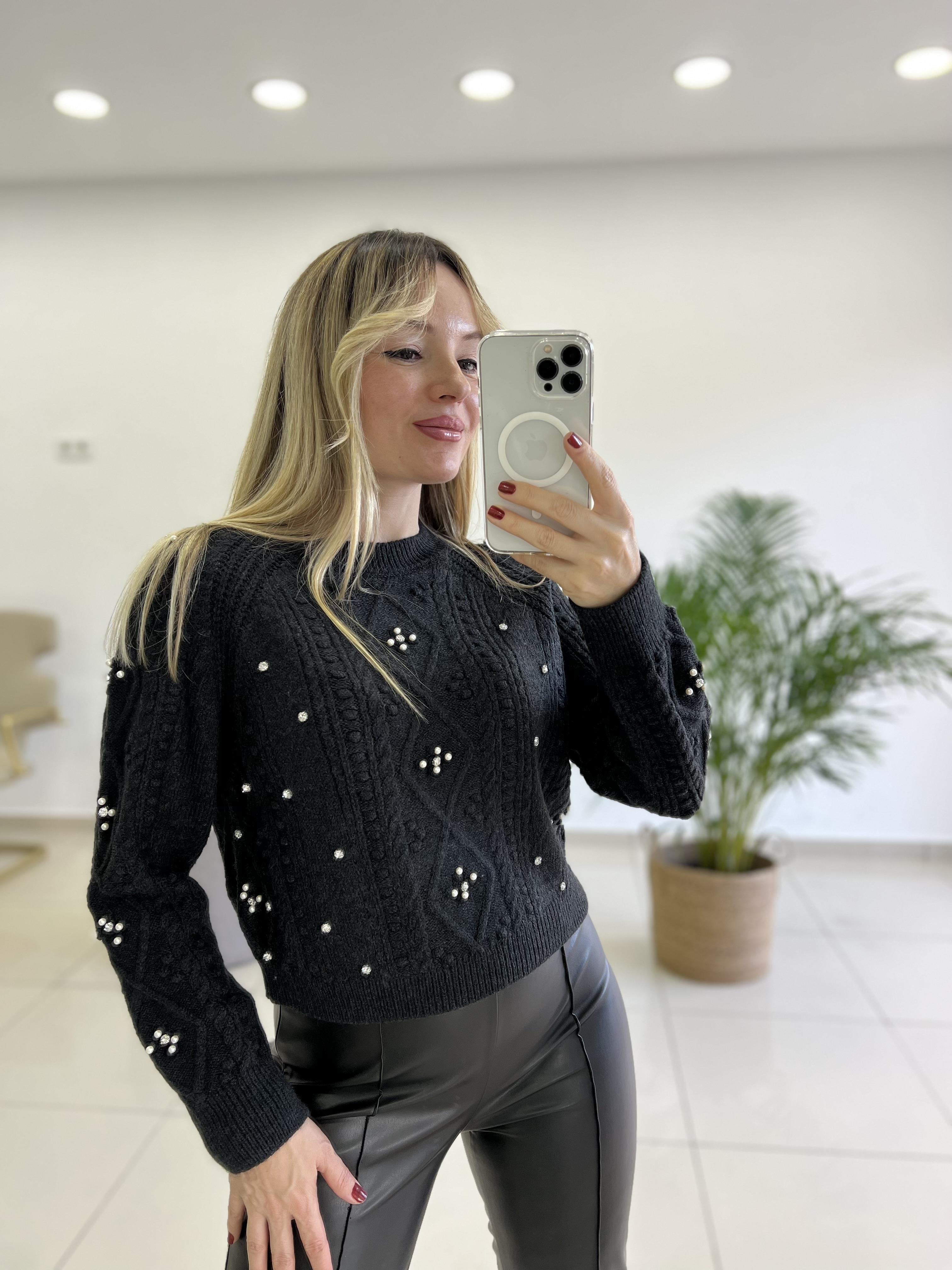 İnci ve Taş Detaylı Antrasit Gri Triko Kazak