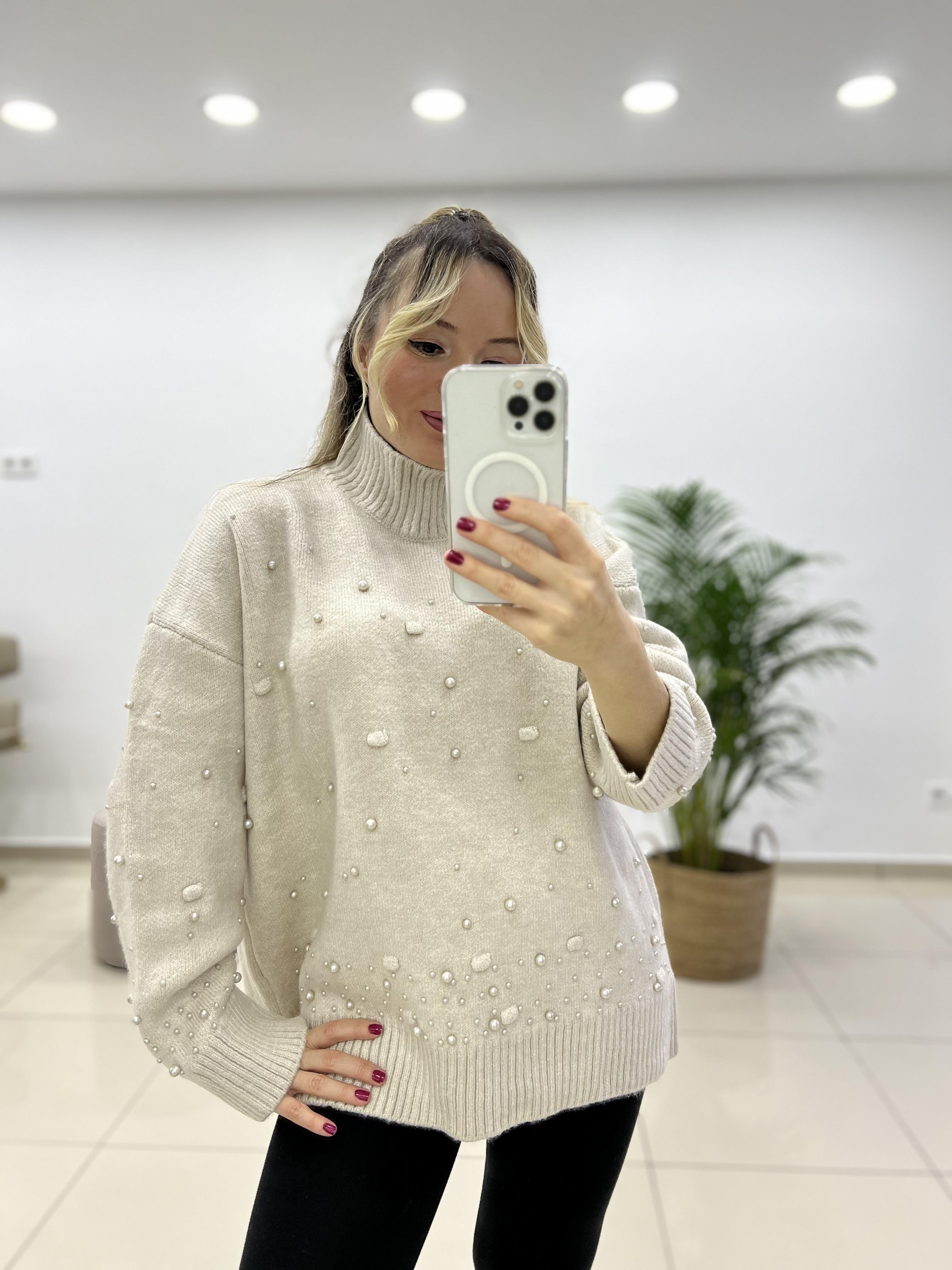 İncili Yarım Balıkçı Triko Kazak