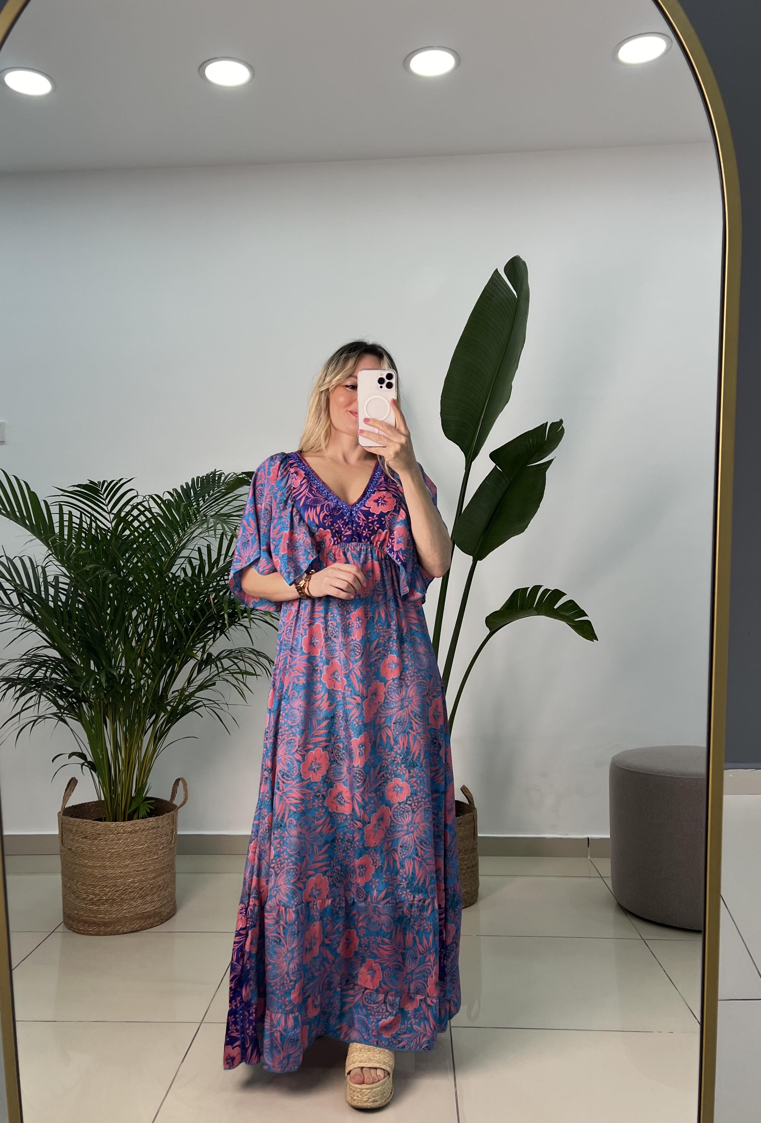 İpek Saten Pembe Mavi Desenli Elbise 