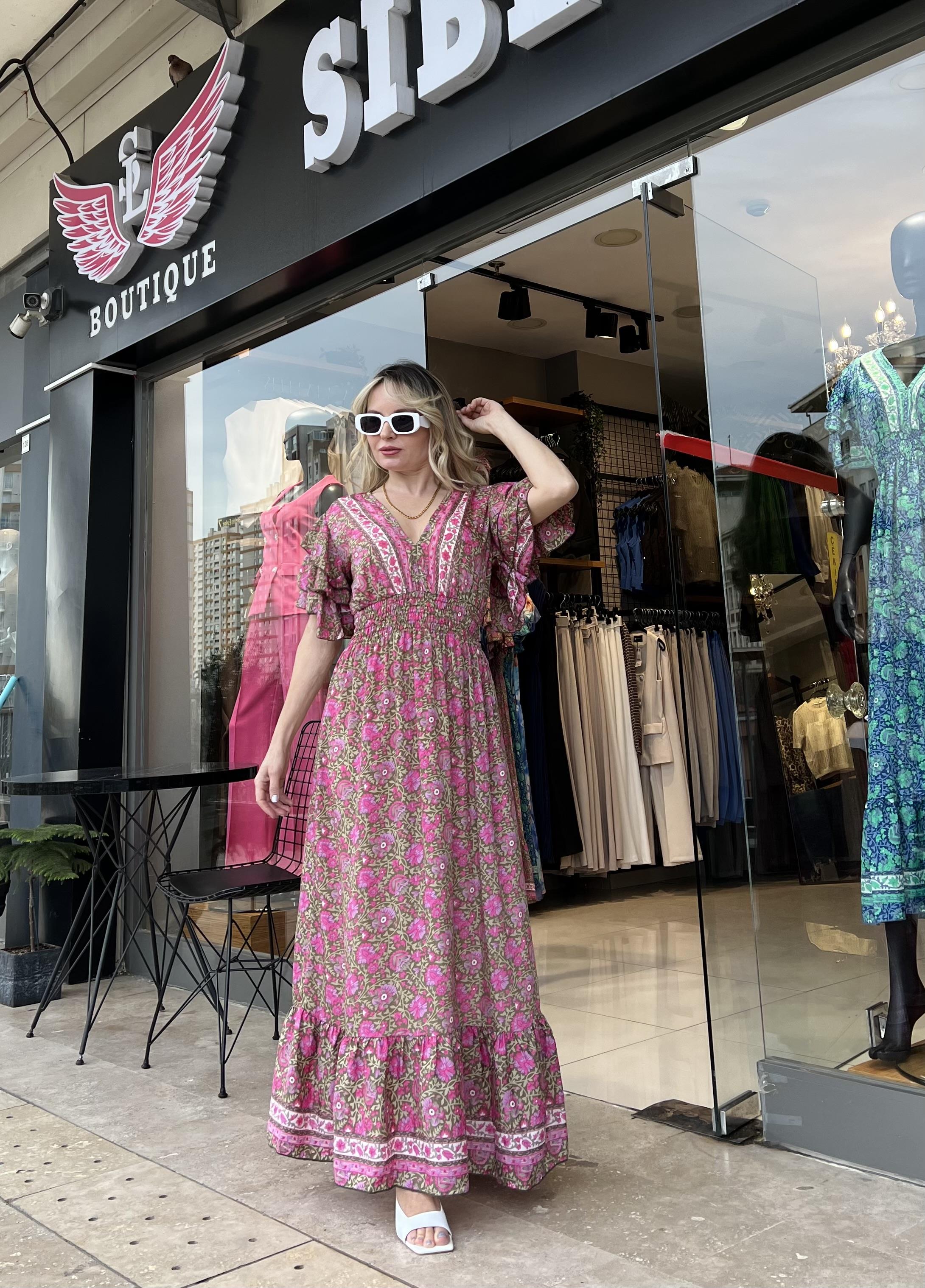 İpek Saten Pembe Yeşil Desenli Elbise 
