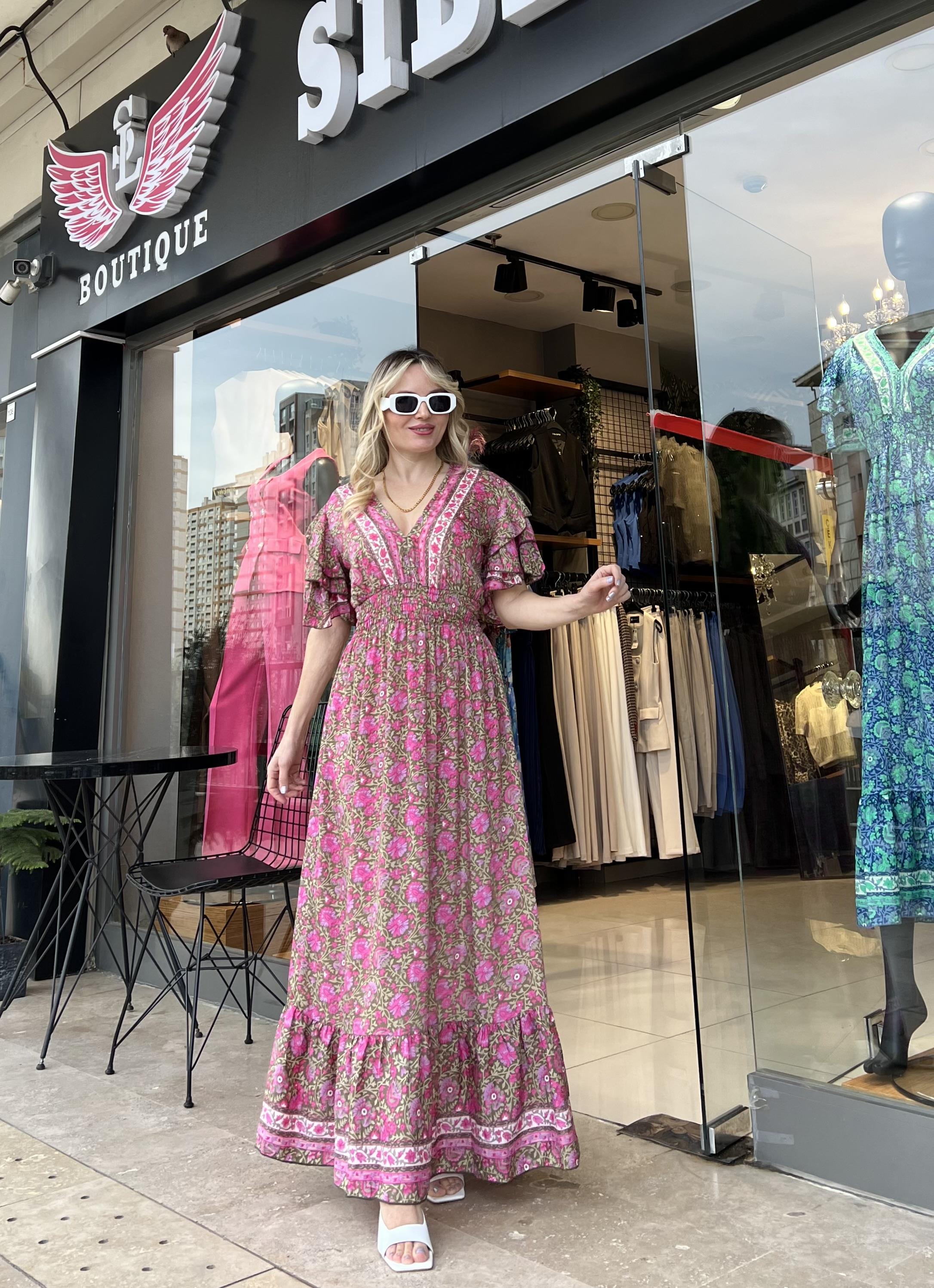 İpek Saten Pembe Yeşil Desenli Elbise 
