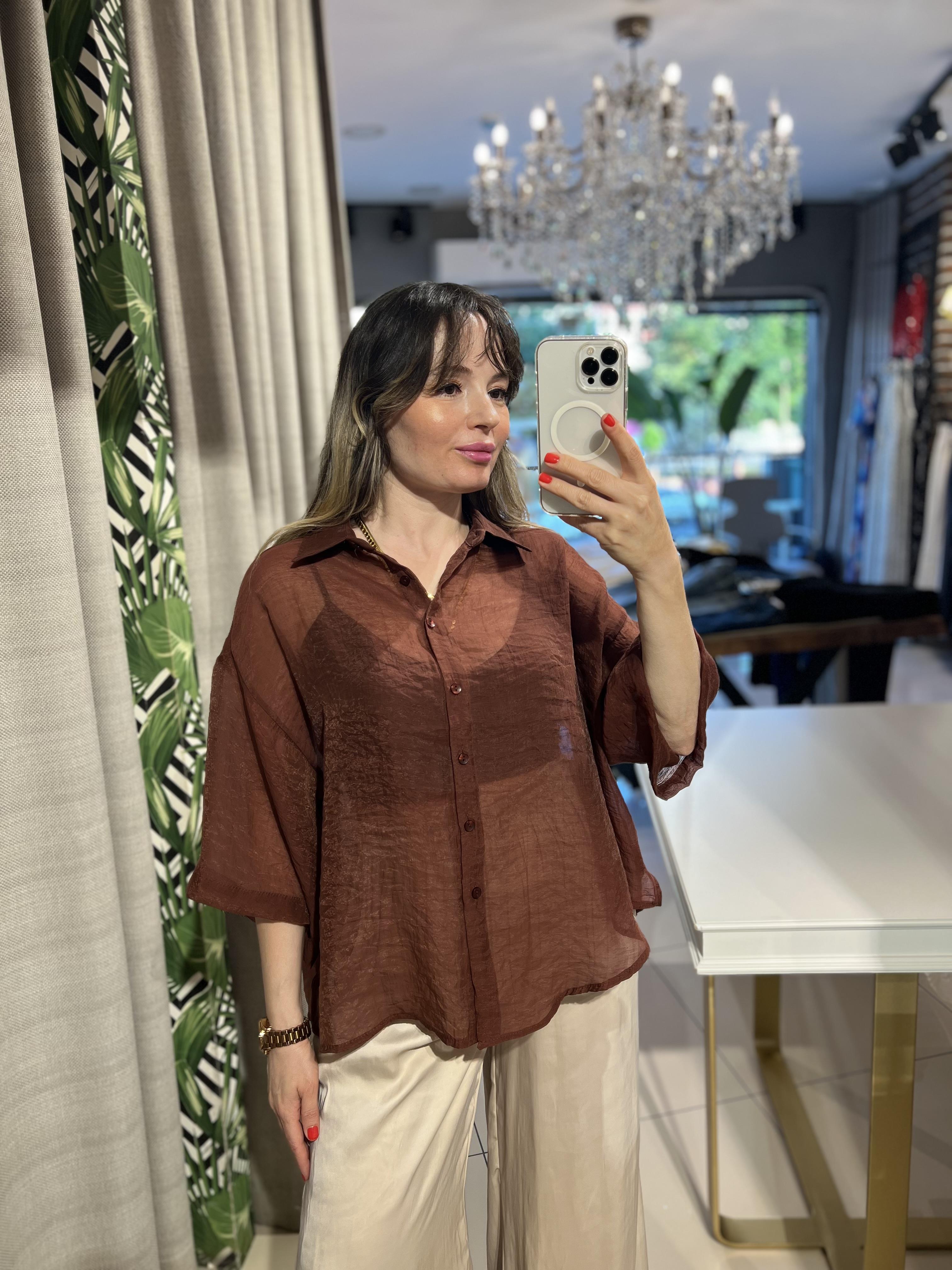 Kahverengi Oversize İpeksi Gömlek