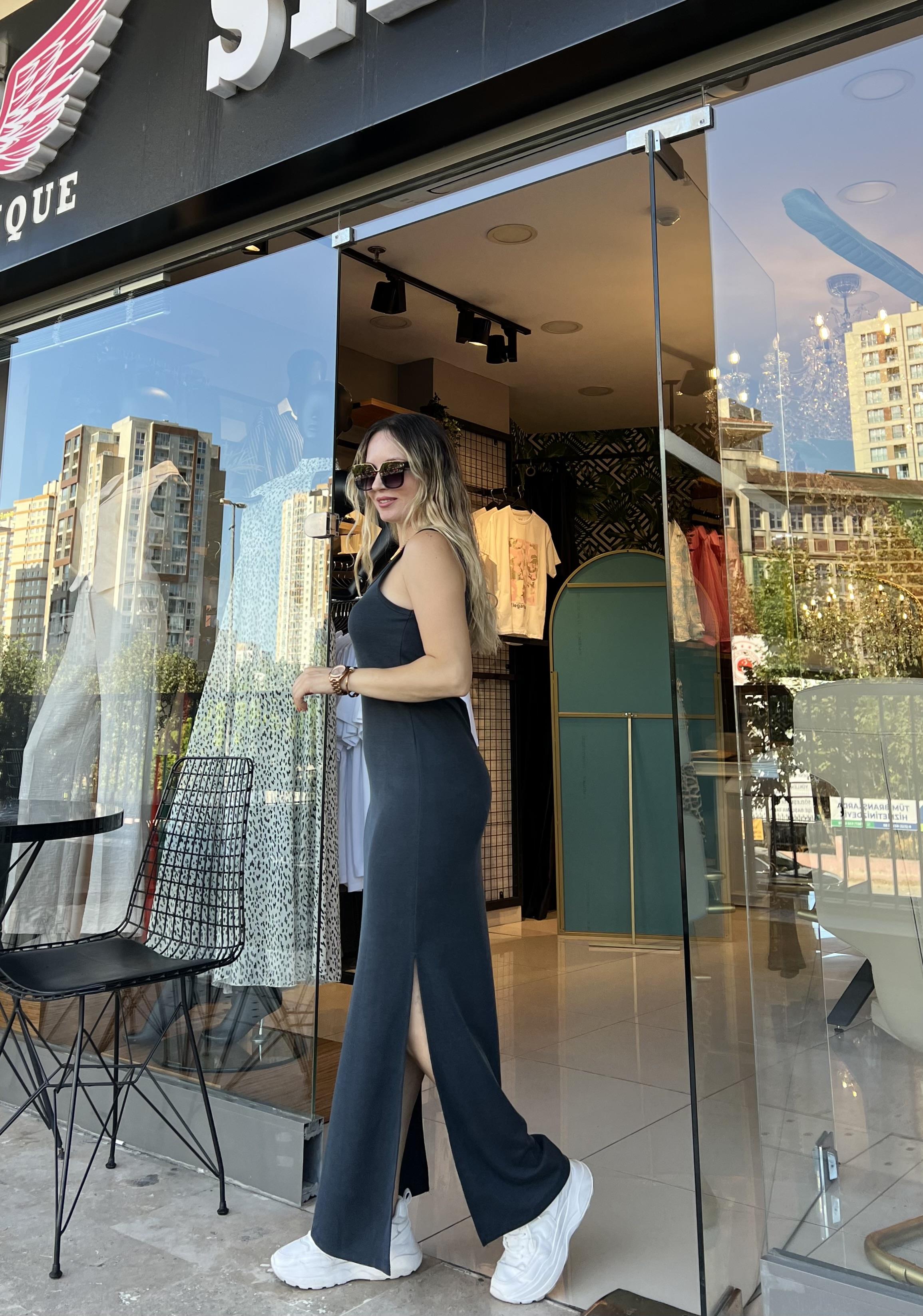 Kalın Askılı U Yaka Maxi Antrasit Elbise