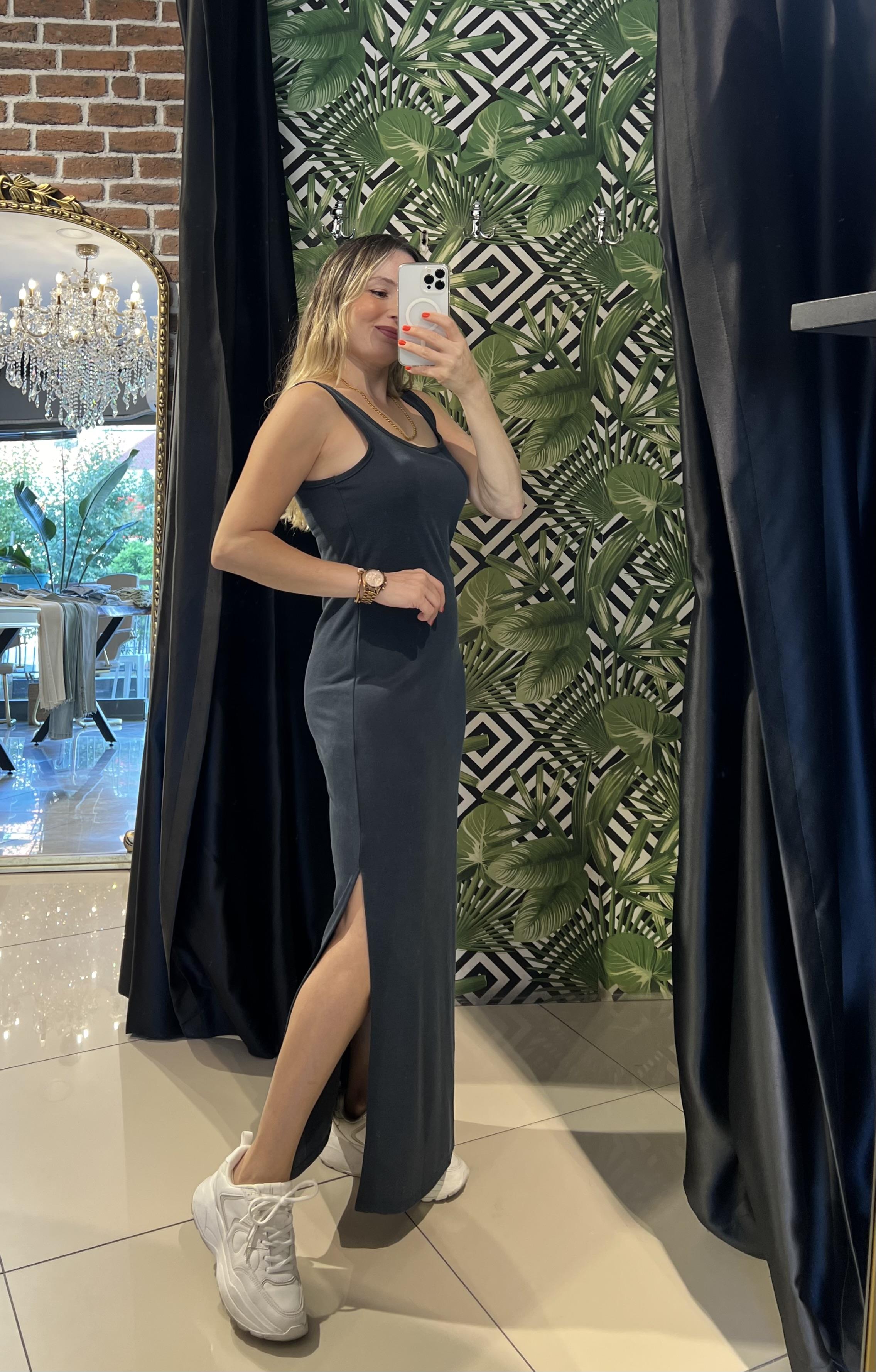 Kalın Askılı U Yaka Maxi Antrasit Elbise