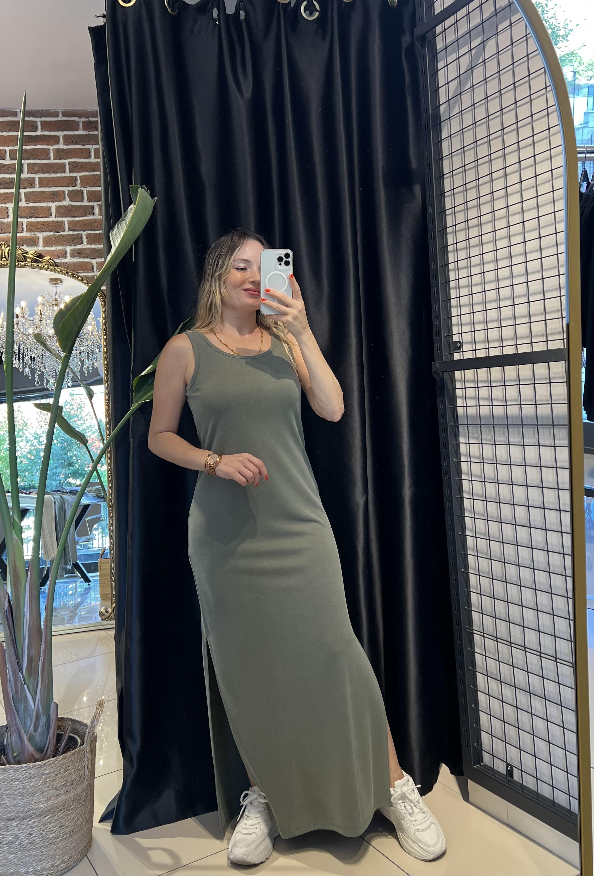 Kalın Askılı U Yaka Maxi Haki Elbise