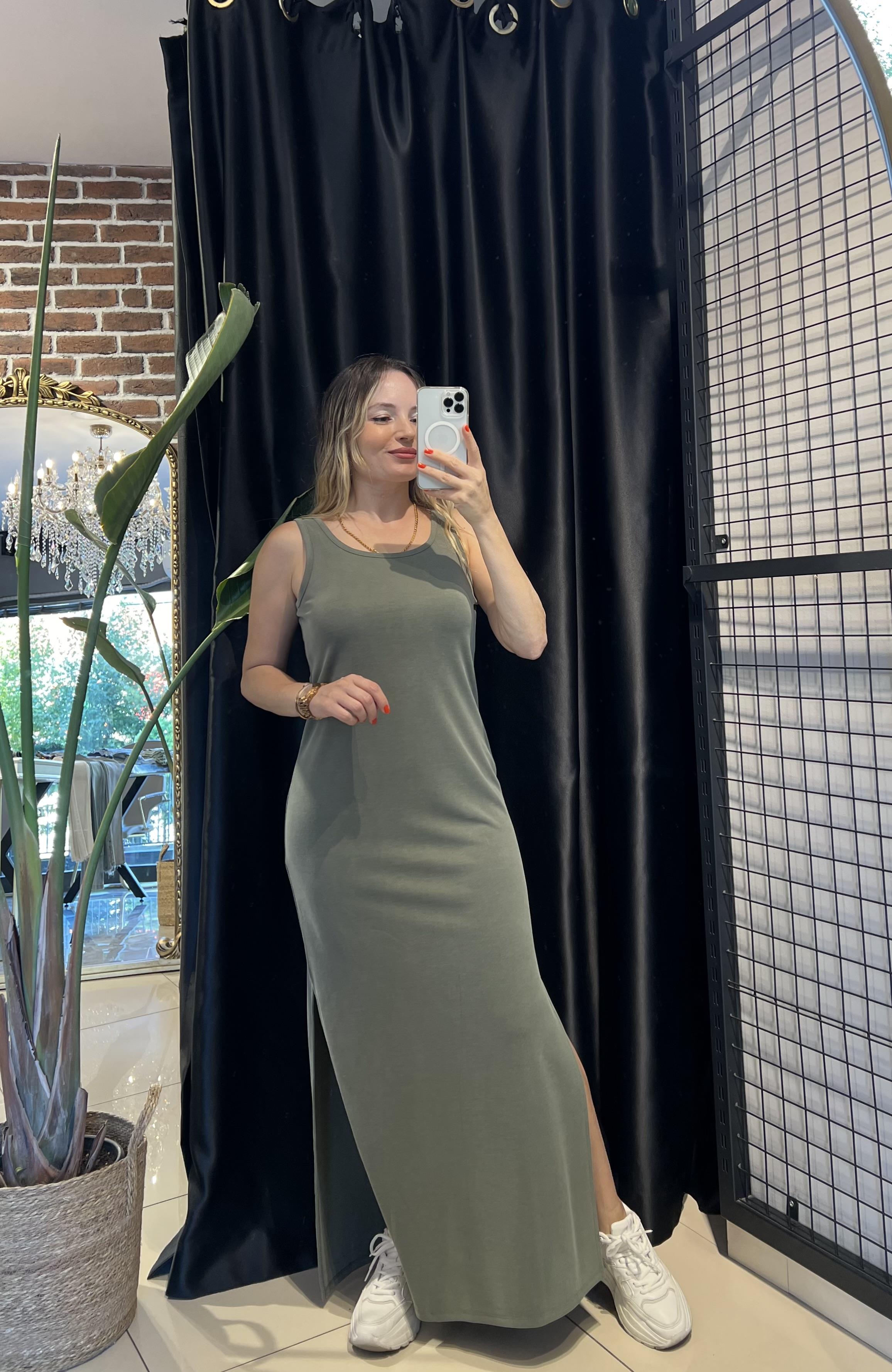 Kalın Askılı U Yaka Maxi Haki Elbise