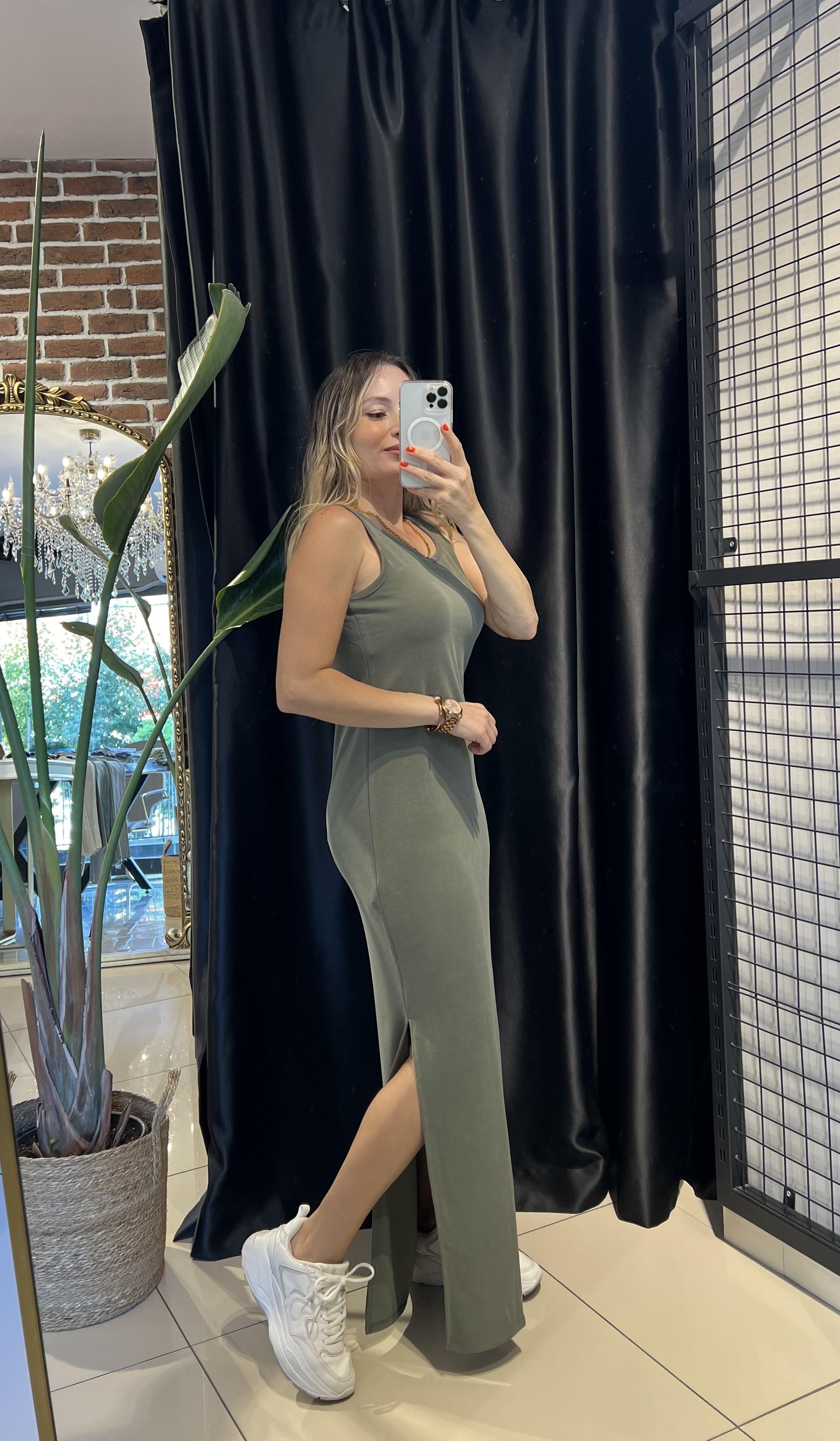 Kalın Askılı U Yaka Maxi Haki Elbise