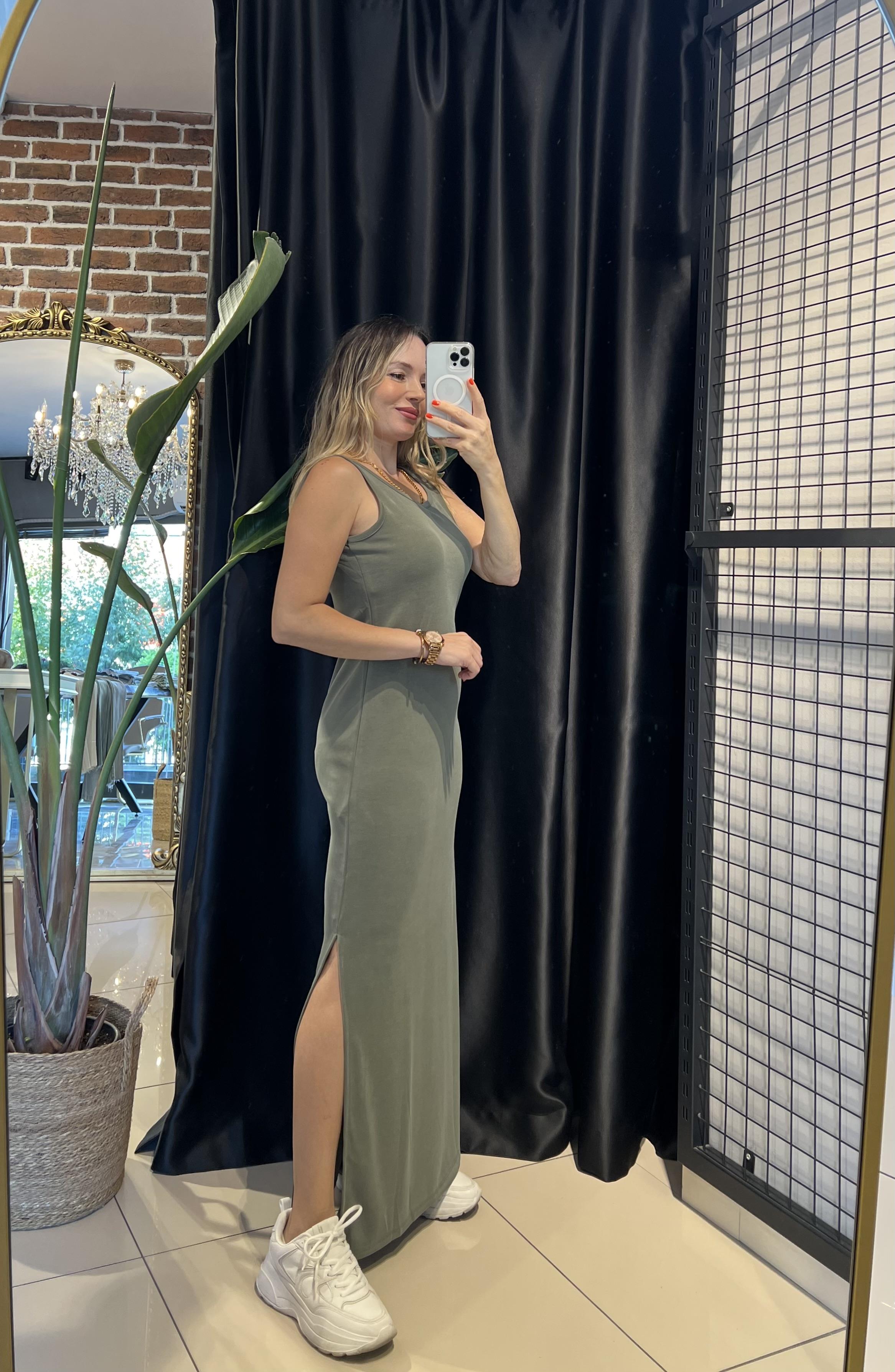 Kalın Askılı U Yaka Maxi Haki Elbise