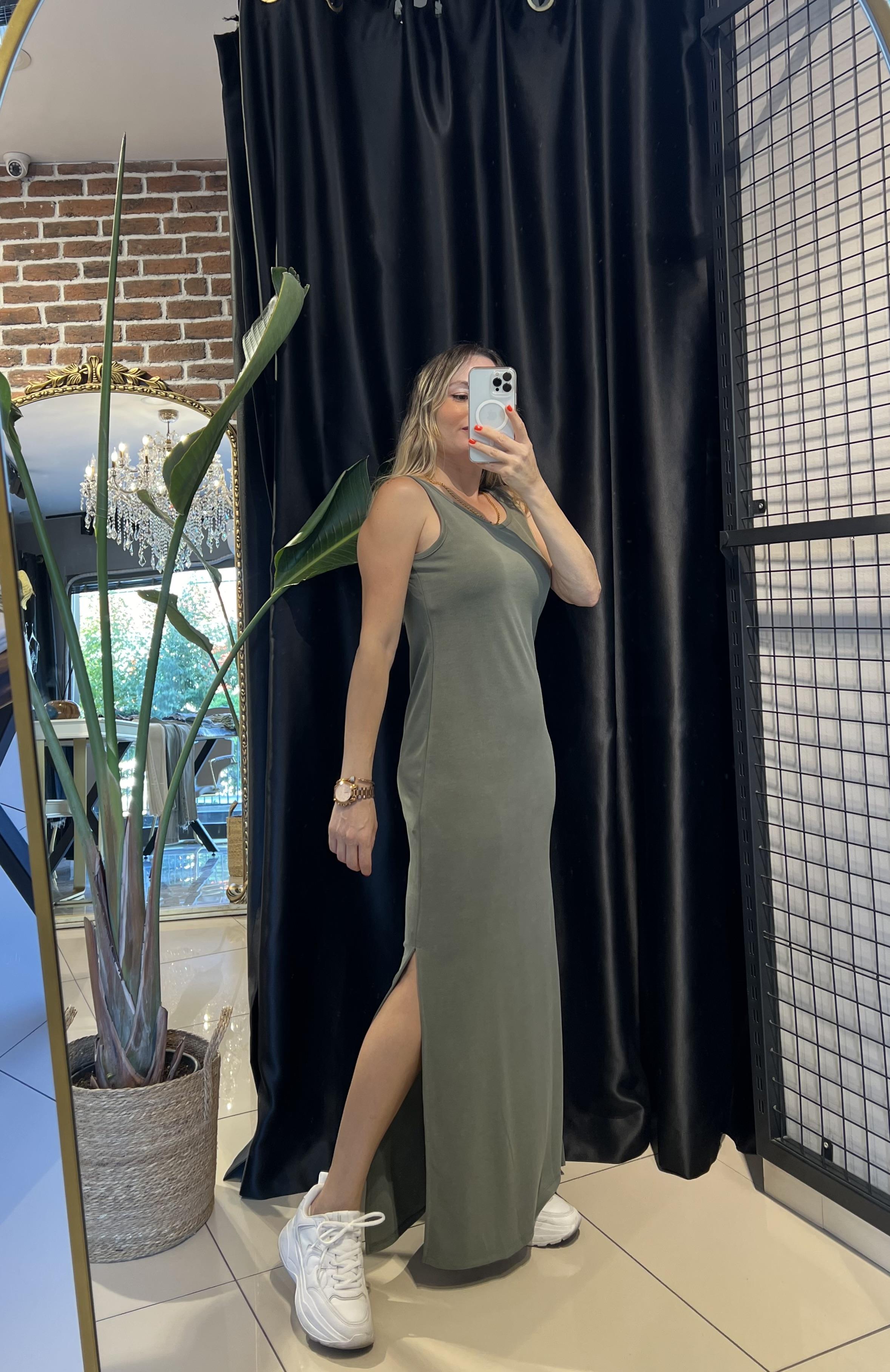 Kalın Askılı U Yaka Maxi Haki Elbise