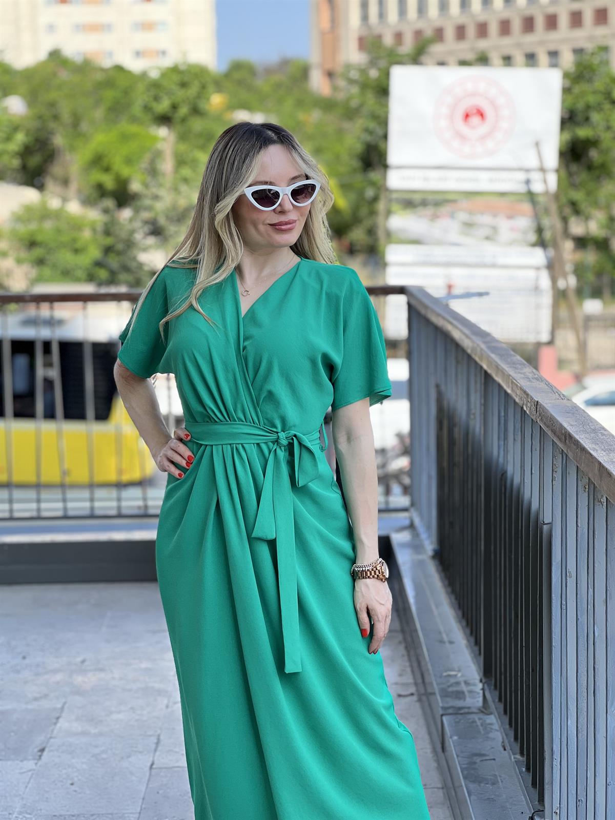  Yeşil Kapalı Anvelop Elbise