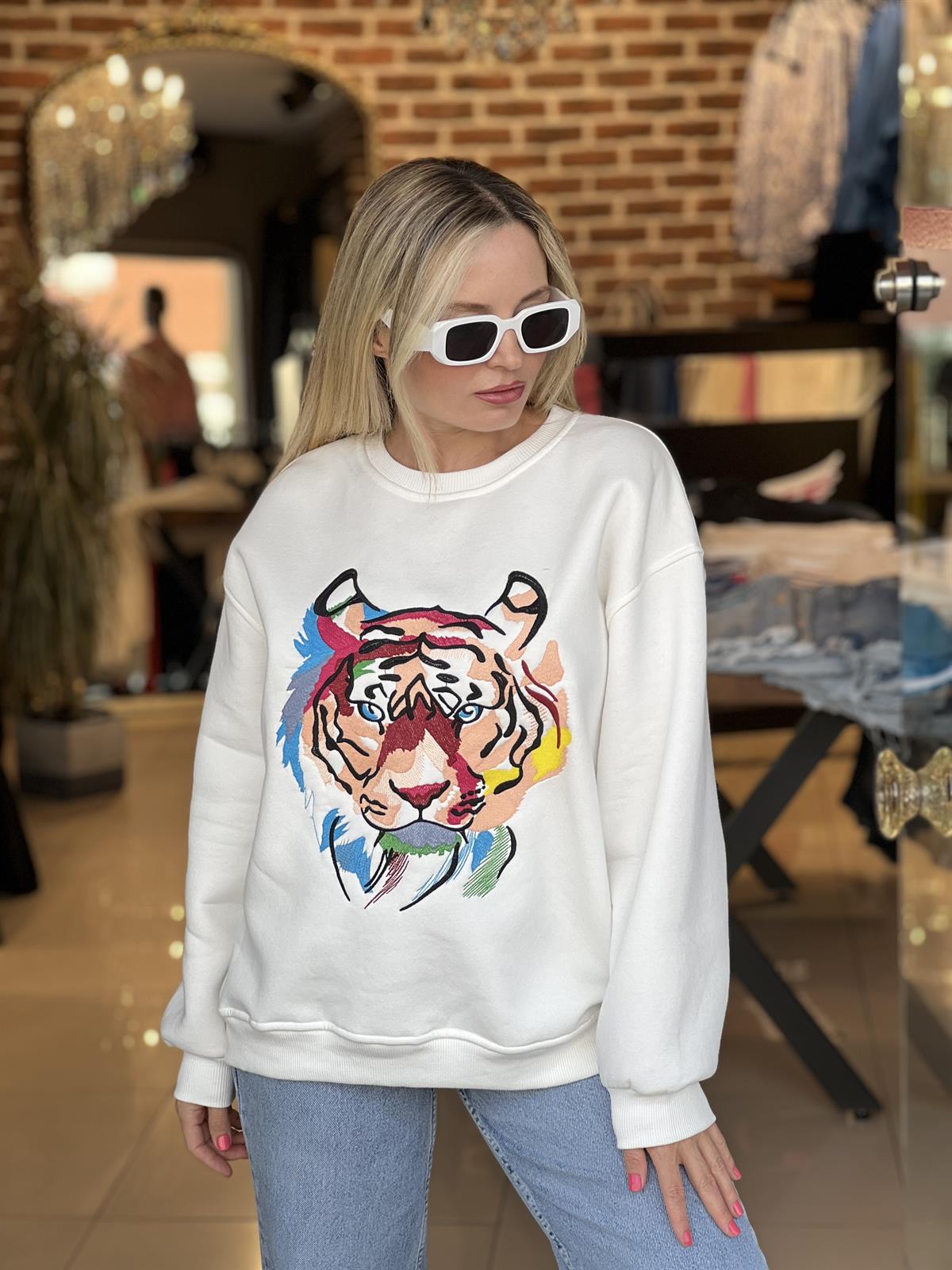 Kaplan Nakışlı Ekru Sweatshirt 