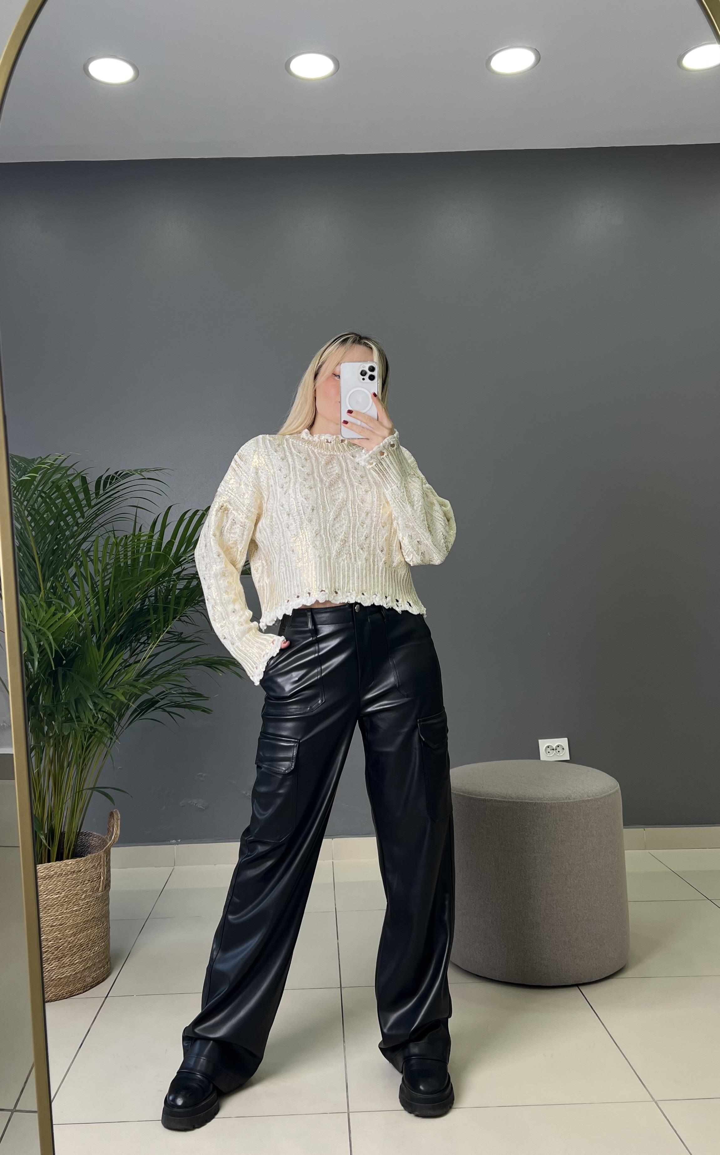 Kargo Cep Detaylı Palazzo Deri Pantolon