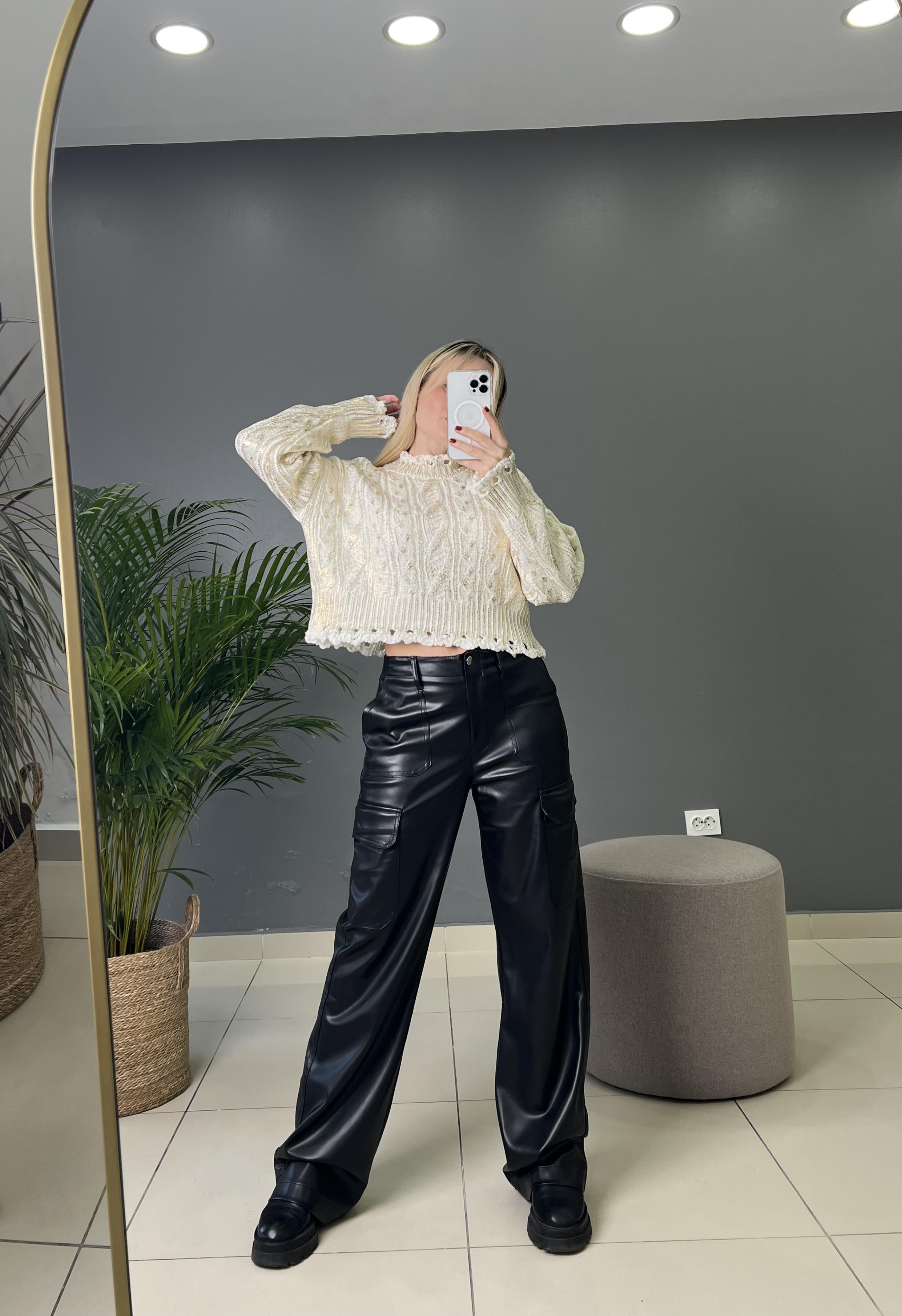 Kargo Cep Detaylı Palazzo Deri Pantolon