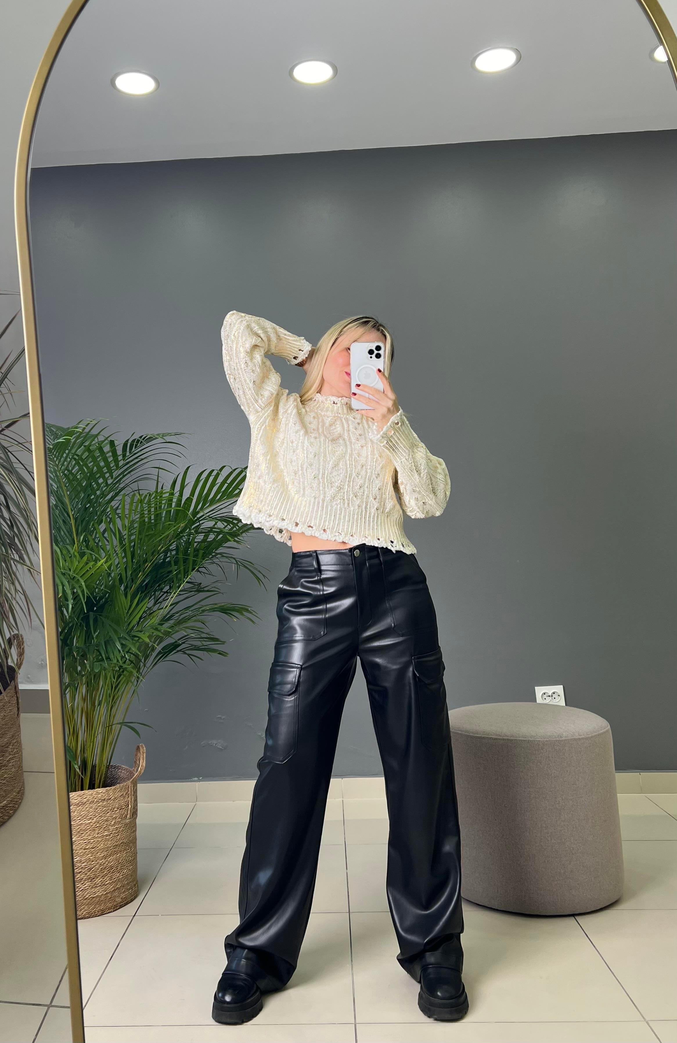 Kargo Cep Detaylı Palazzo Deri Pantolon