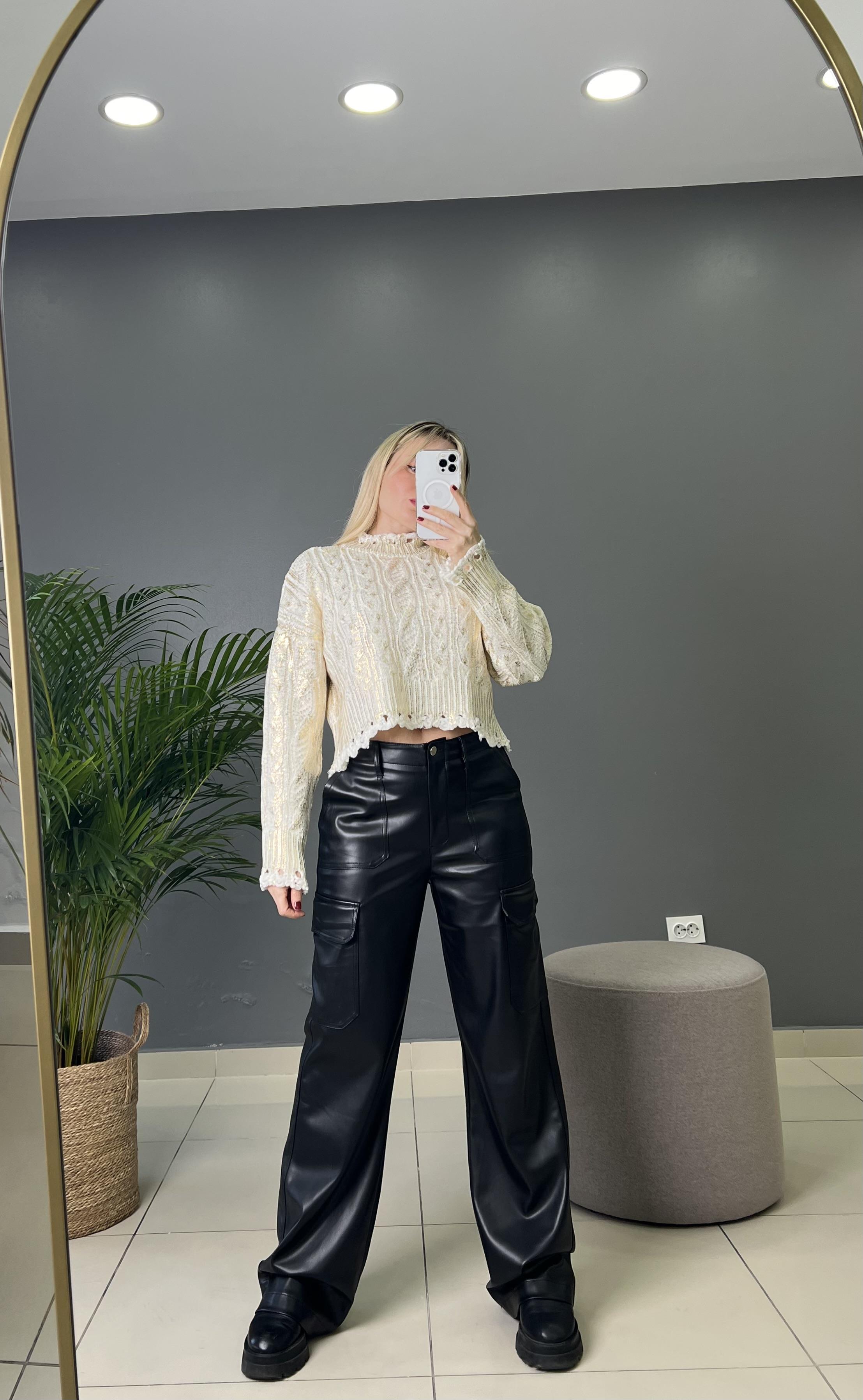 Kargo Cep Detaylı Palazzo Deri Pantolon