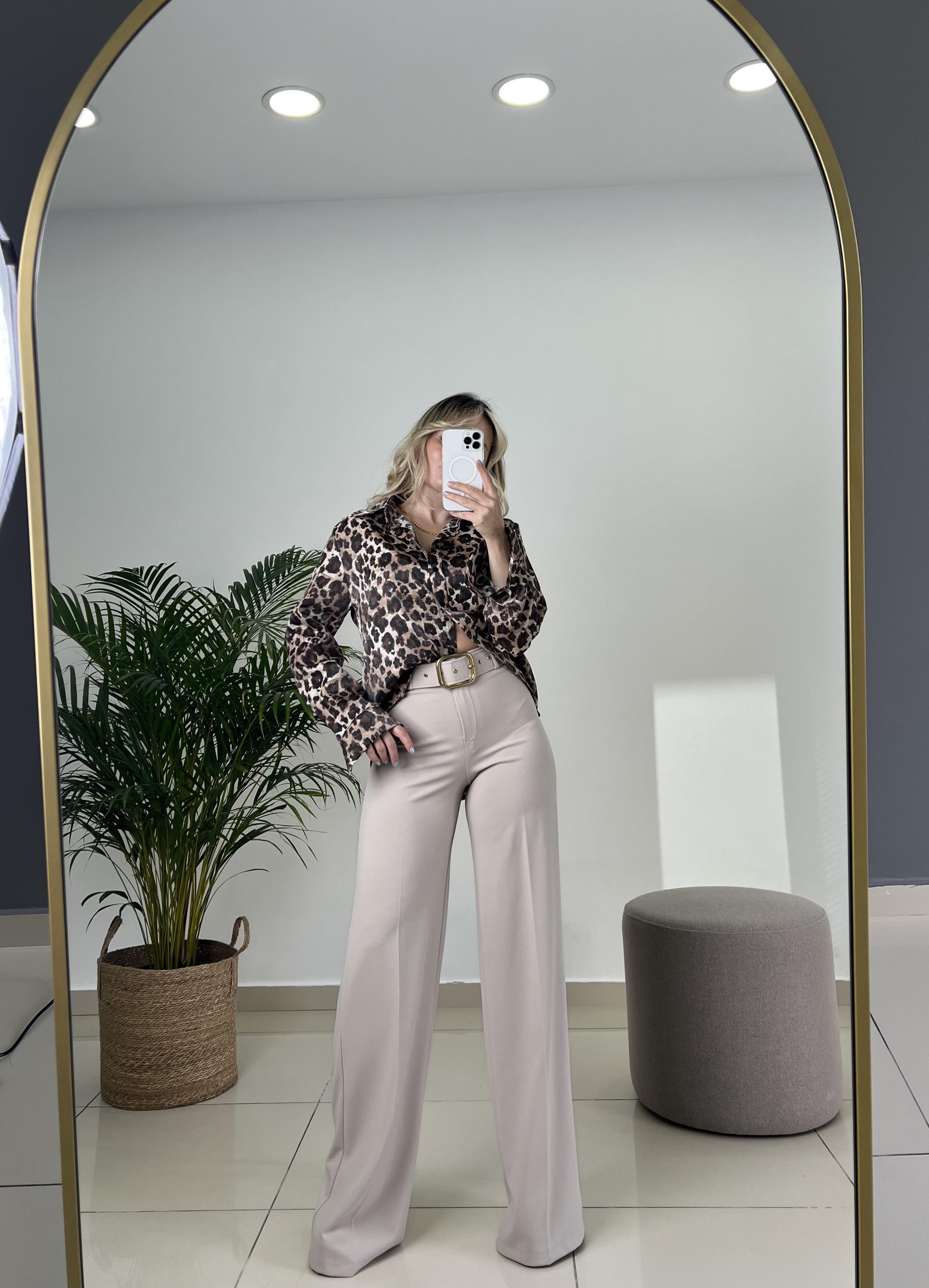 Kemer Aksesuarlı Full Likralı Taş Rengi Palazzo Pantolon