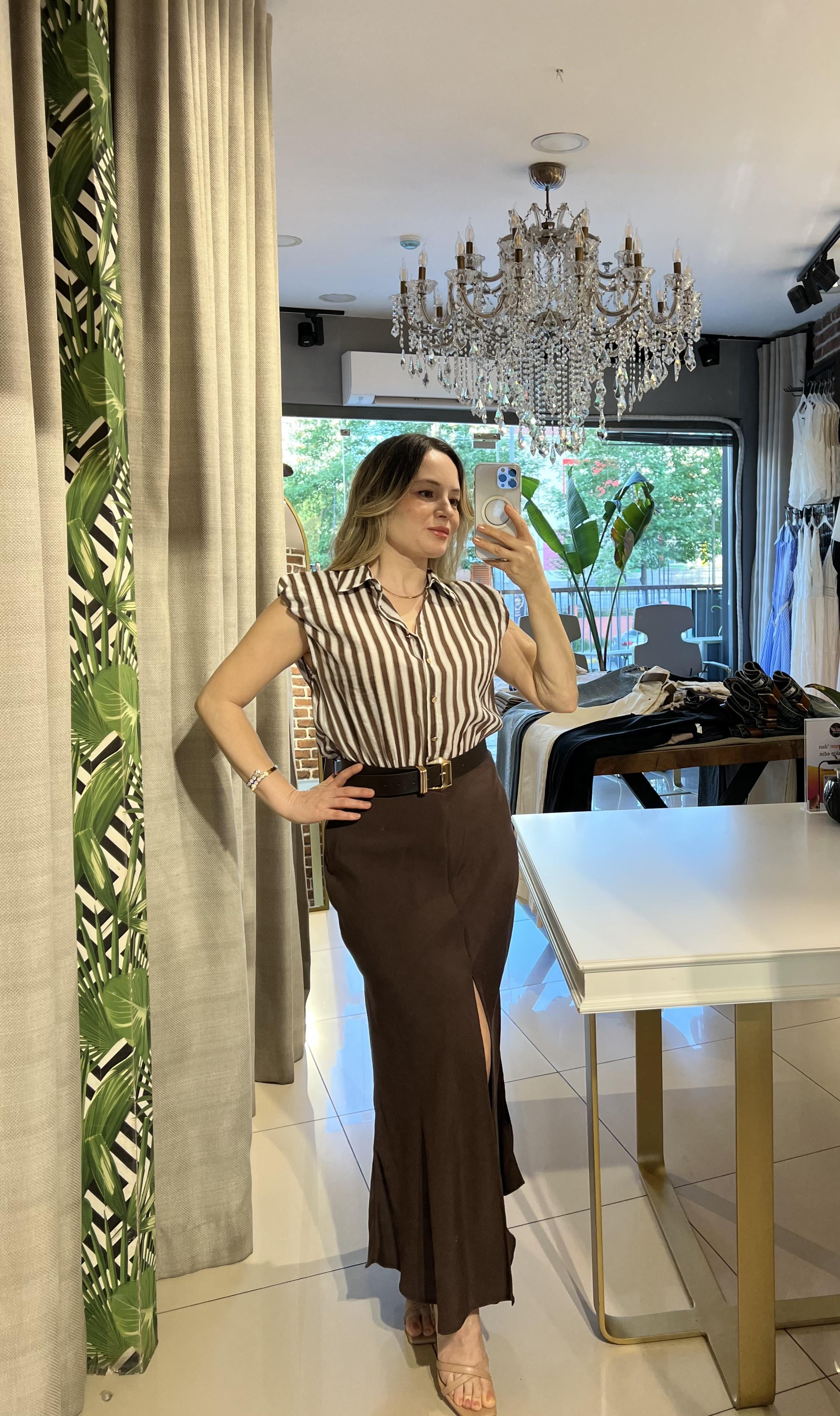 Kemerli Çizgili Kombine Midi Kahverengi Elbise