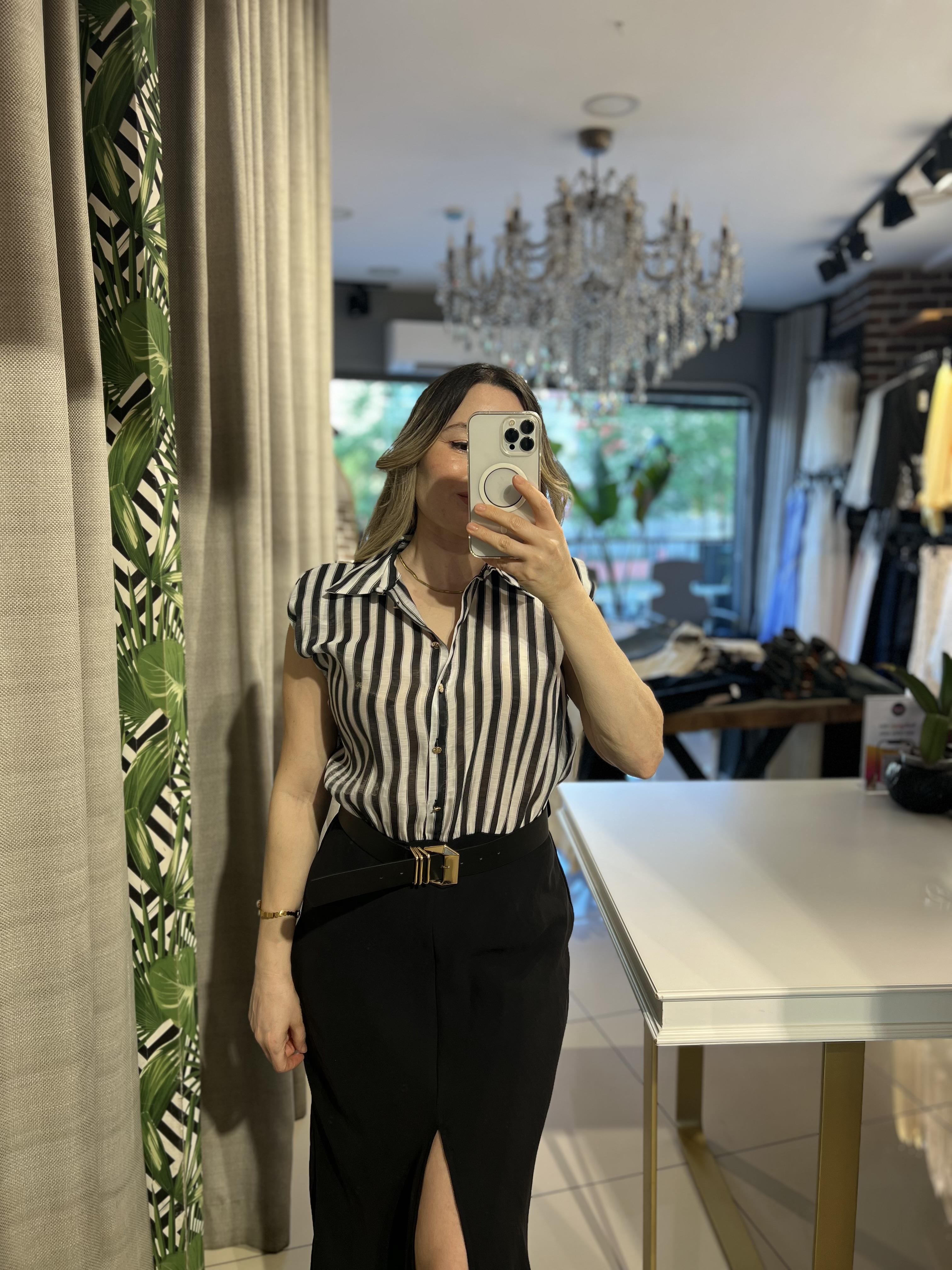 Kemerli Çizgili Kombine Midi Siyah Elbise