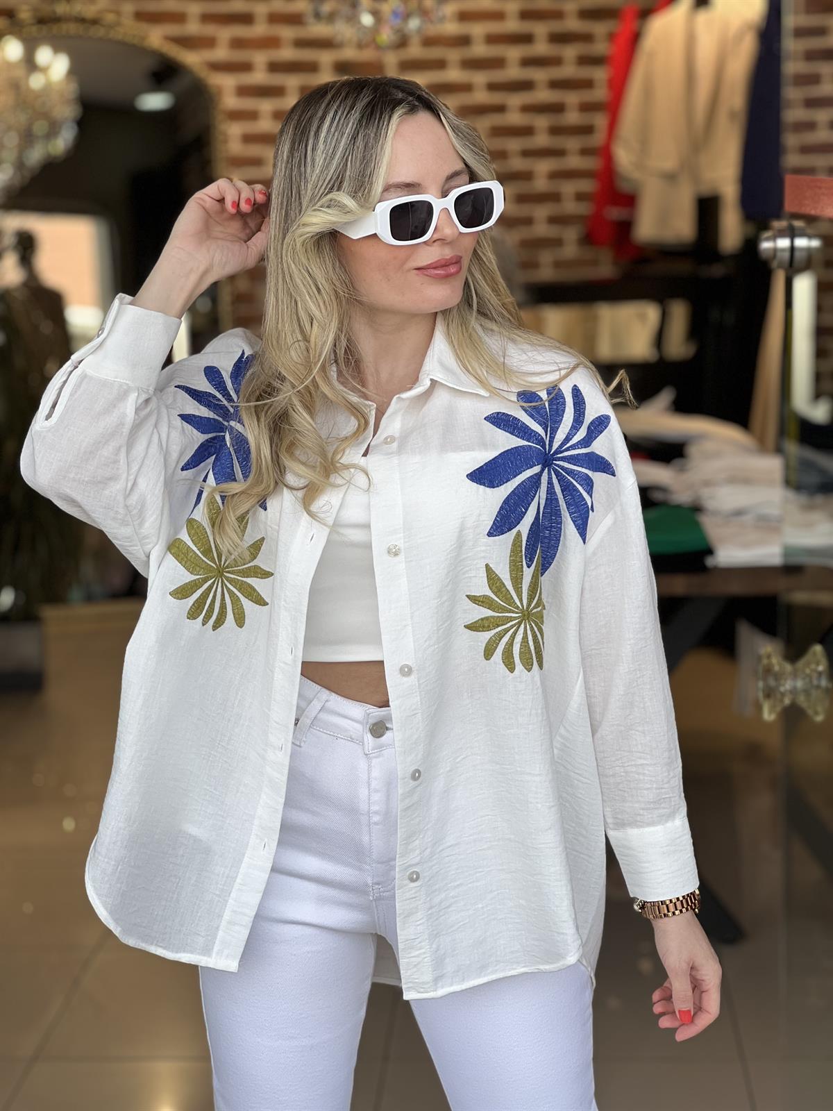 Keten Krinkıl Nakışlı Gömlek 