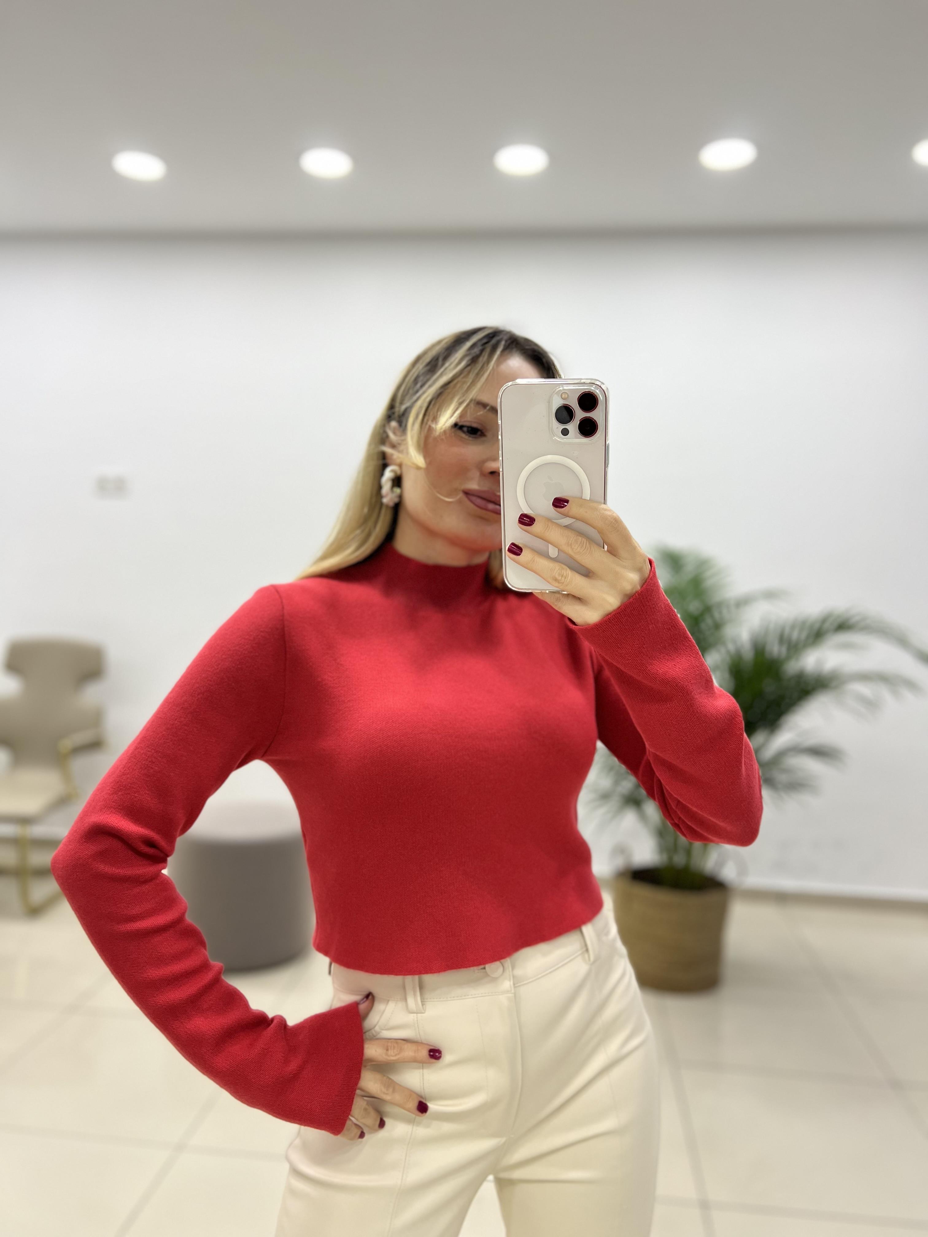 Kırmızı Yarım Balıkçı Yaka Crop Kazak